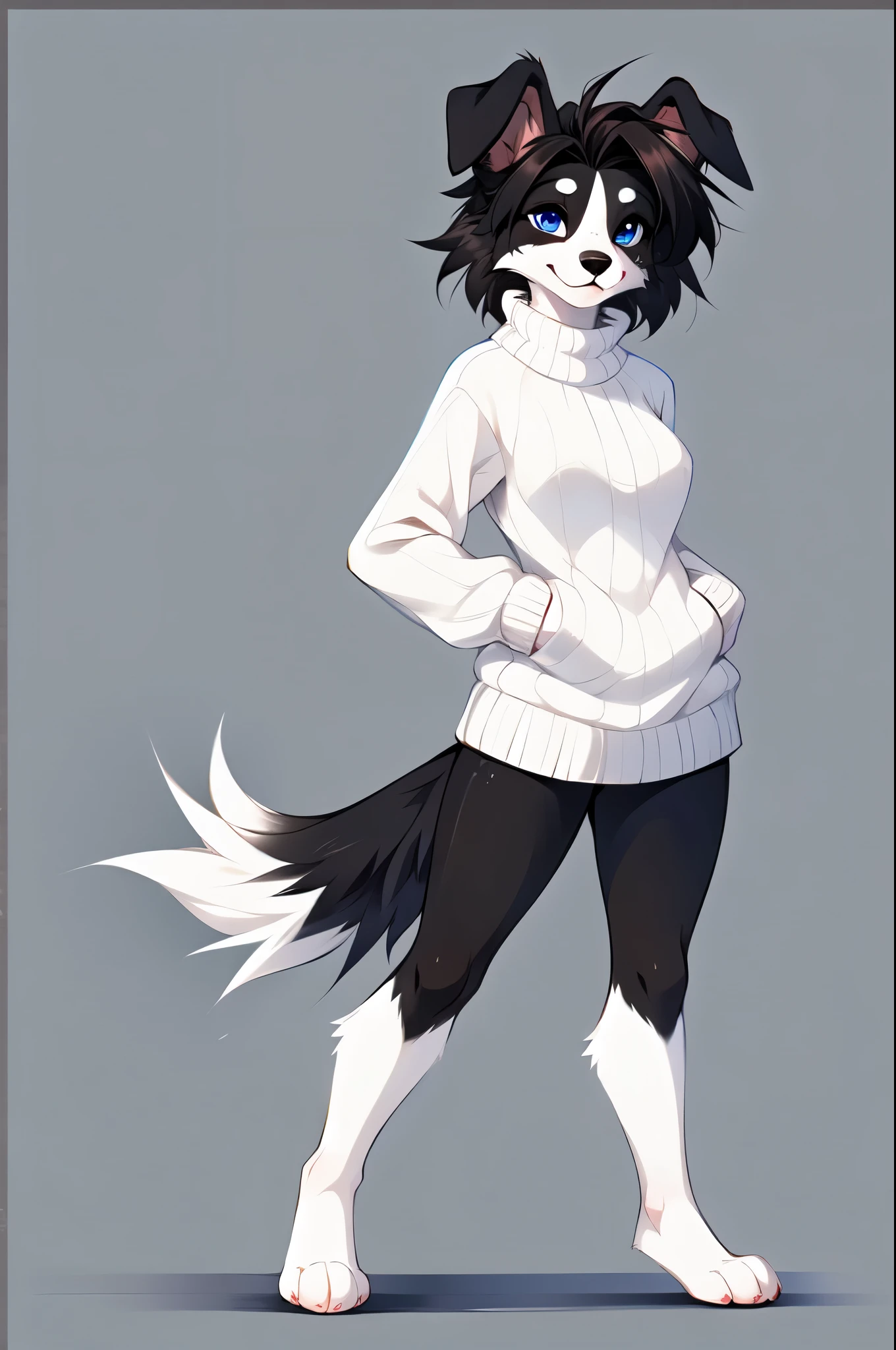 By fumiko, by hioshiru, female border collie, black and white fur, bushy dog tail, black border collie markings on face, blue eyes, short brown hair, droopy dog ears, wearing white turtleneck sweater, black yoga pants, barefoot, feet paws, 4 toes, standing, playful pose,