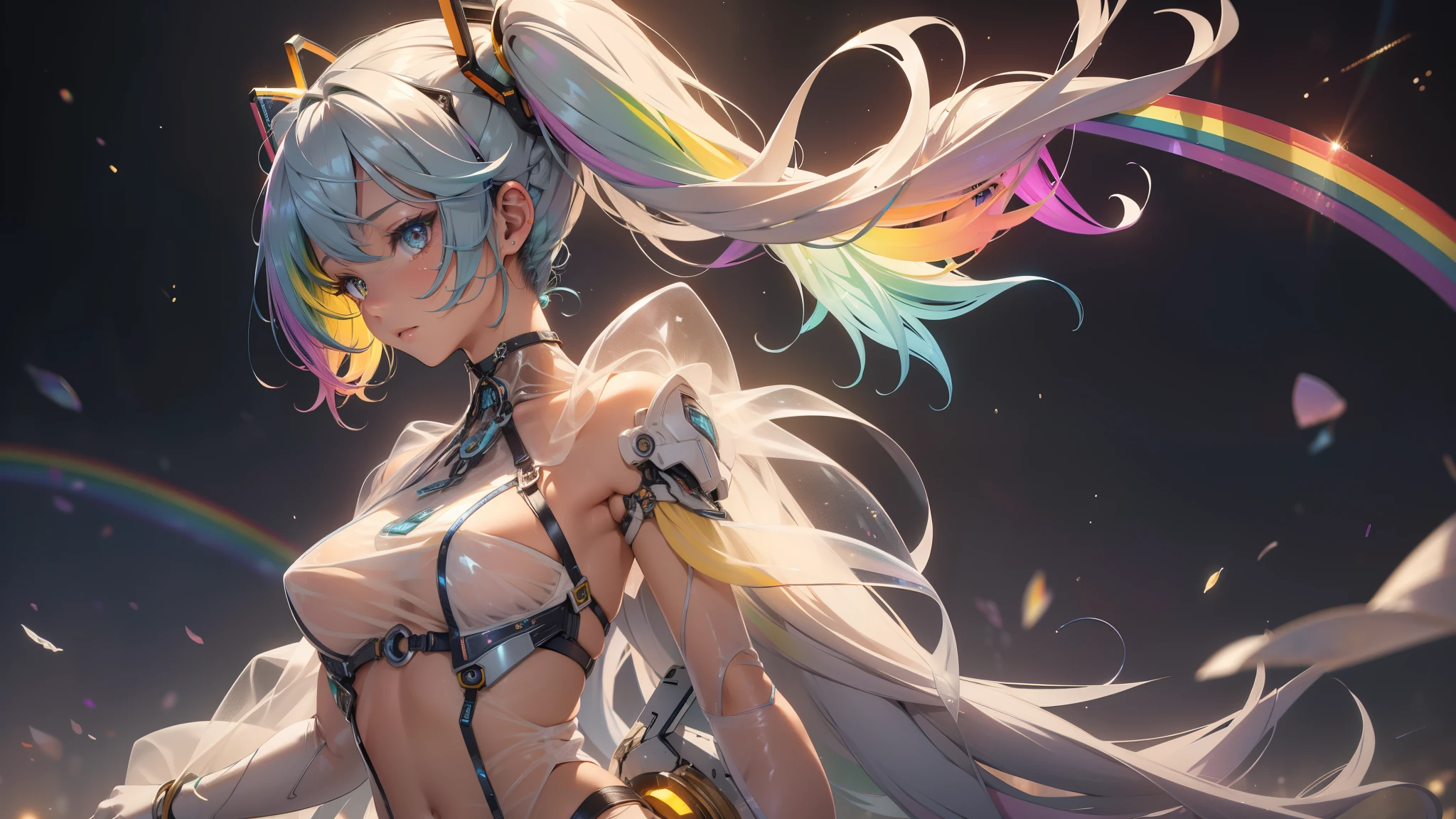 (quality)), ((masterpiece)), Recommended results、1 girl, solo, big breast, Puffy nipples、(see through:1.5)、straighten your back、abdominal muscles、huge bust、angle to floor:1.2、low camera angle、Hair loss on crotch,Hatsune Miku,super detailed)), (Very detailed的CG插画), ((extremely delicate and beautiful)),(1 white transparent mechanical girl)),alone,whole body,(Machine made joints:1.2),((mechanical limbs)),(Flashing blood vessel points connected to tubes),(Mechanical vertebrae attached to the back,with flowing glitter.),((Flowing rainbow fixed around neck)),perfect round face,(wires and cables attaching to neck:1.2),(Rainbow wires and cables on the head:1.2)(Character focus),,Very detailed,colorful,most detailed,yellow ceramic skin, (((rainbow colorful long hair)))