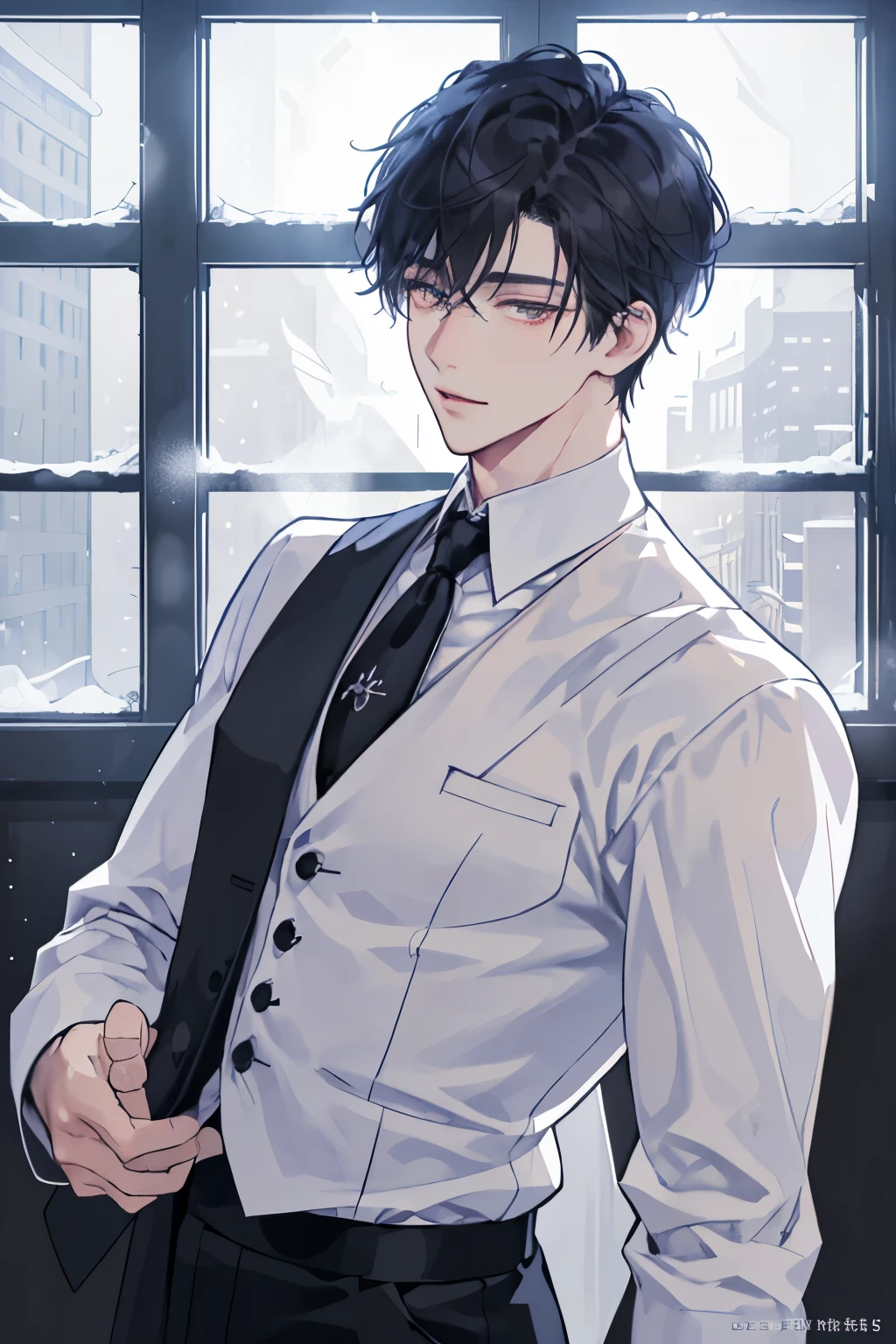 There is a man in a white vest and tie standing in front of the window with a snowy night scenery. The facial details are very rich, It has a pair of sharp eyes, Handsome and stunning reality, anime handsome guy, Super realistic picture, Character close-up, Black-haired Ishidaho, Half body pictures and hand poses