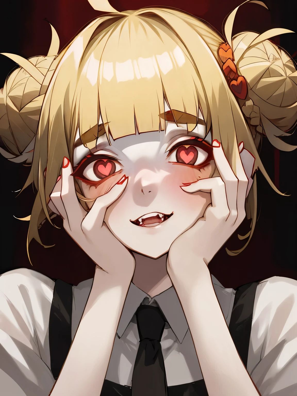 (1girl), yandere trance, yandere, hands on own face, hands on own cheeks, creepy, himiko toga, blonde hair, blunt bangs, double bun, eyebrows hidden by hair, eyeliner, hair bun, makeup, messy hair, fangs, narrow eyes, heart-shaped_pupils