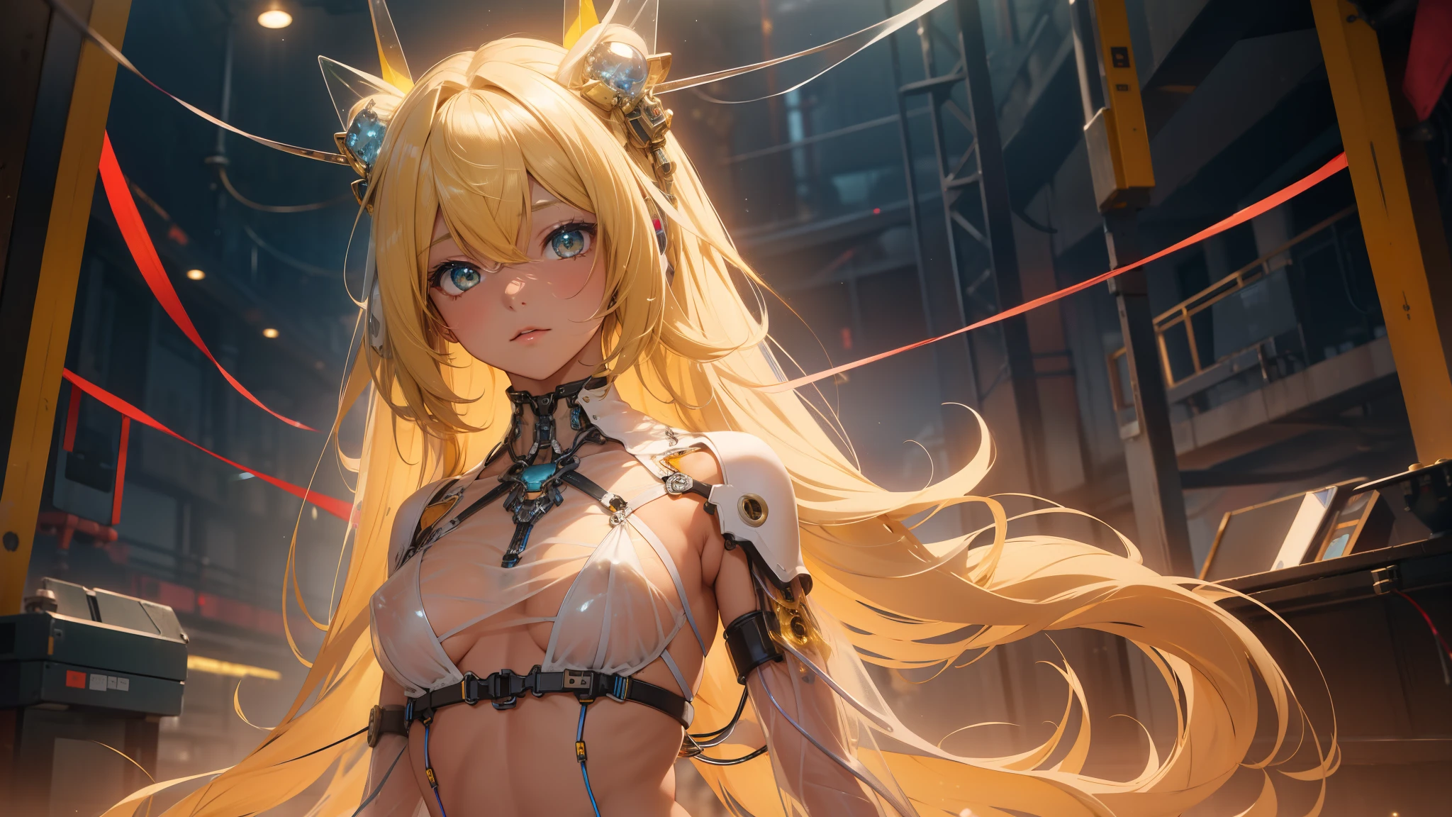 (quality)), ((masterpiece)), Recommended results、1 girl, solo, big breast, Puffy nipples、(see through:1.5)、straighten your back、abdominal muscles、huge bust、angle to floor:1.2、low camera angle、Hair loss on crotch,Hatsune Miku,super detailed)), (Very detailed的CG插画), ((extremely delicate and beautiful)),(1 white transparent mechanical girl)),alone,whole body,(Machine made joints:1.2),((mechanical limbs)),(Flashing blood vessel points connected to tubes),(Mechanical vertebrae attached to the back,with flowing glitter.),((Flowing rainbow fixed around neck)),perfect round face,(wires and cables attaching to neck:1.2),(Rainbow wires and cables on the head:1.2)(Character focus),,Very detailed,colorful,most detailed,yellow ceramic skin, yellow long hair