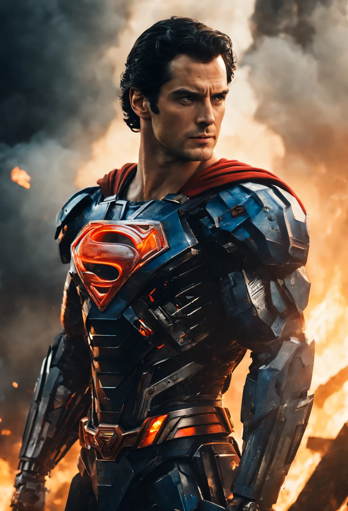 a close up of a superman standing in front of a fire, transformers cinematic universe, wojtek fus, hq 4k wallpaper, transformers : the last knight, in the movie transformers, thertrevkaiser, Henry Cavill as superman, artstation masterpiece, super robot, superman fused with optimus prime, japanese dc live-action movie, hd wallpaper, inspired by Zack Snyder, Henry Cavil so handsome