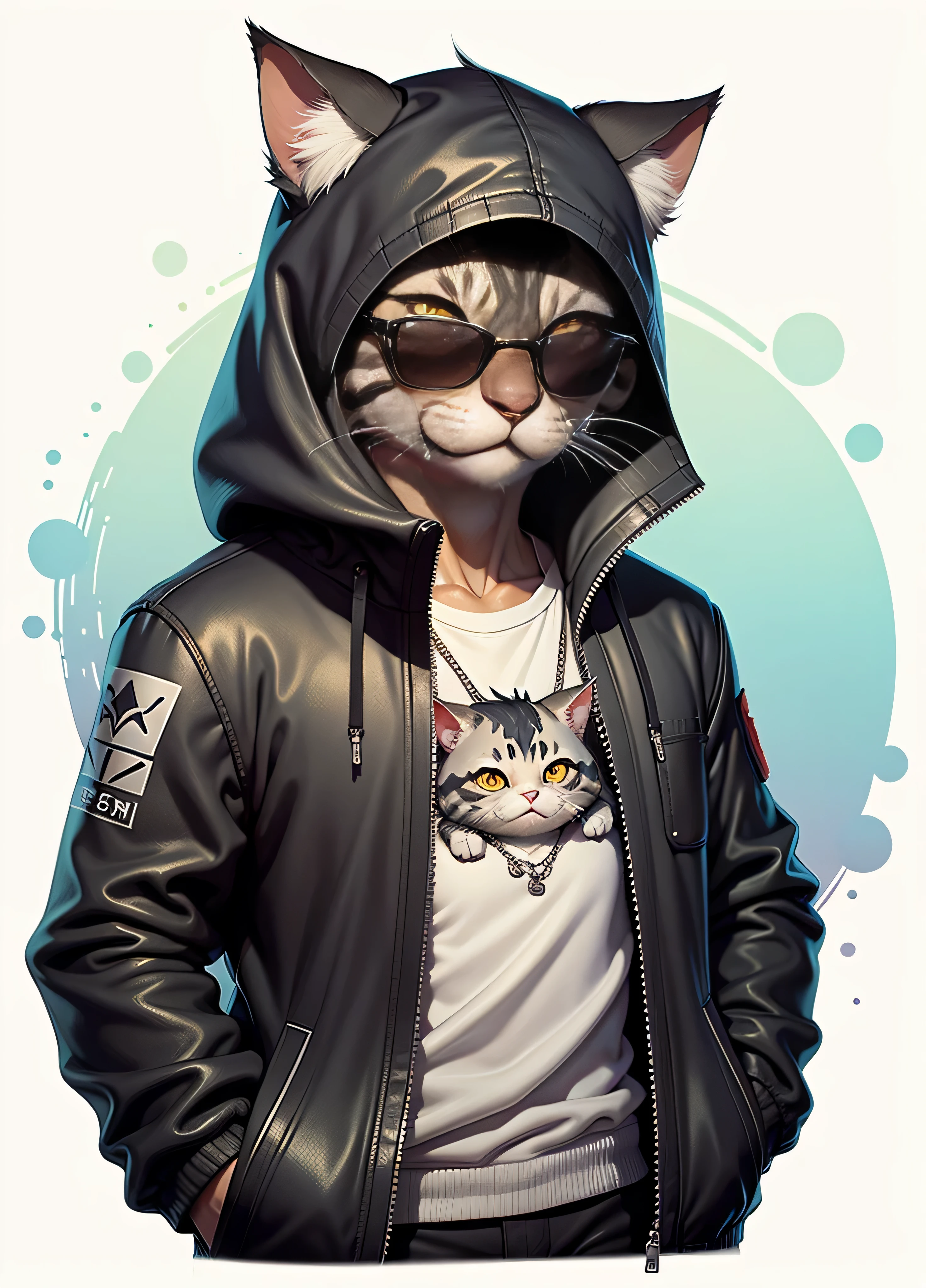 Cartoon Kizitra black and white cat in black jacket, Sunglasses, colorful anime style
