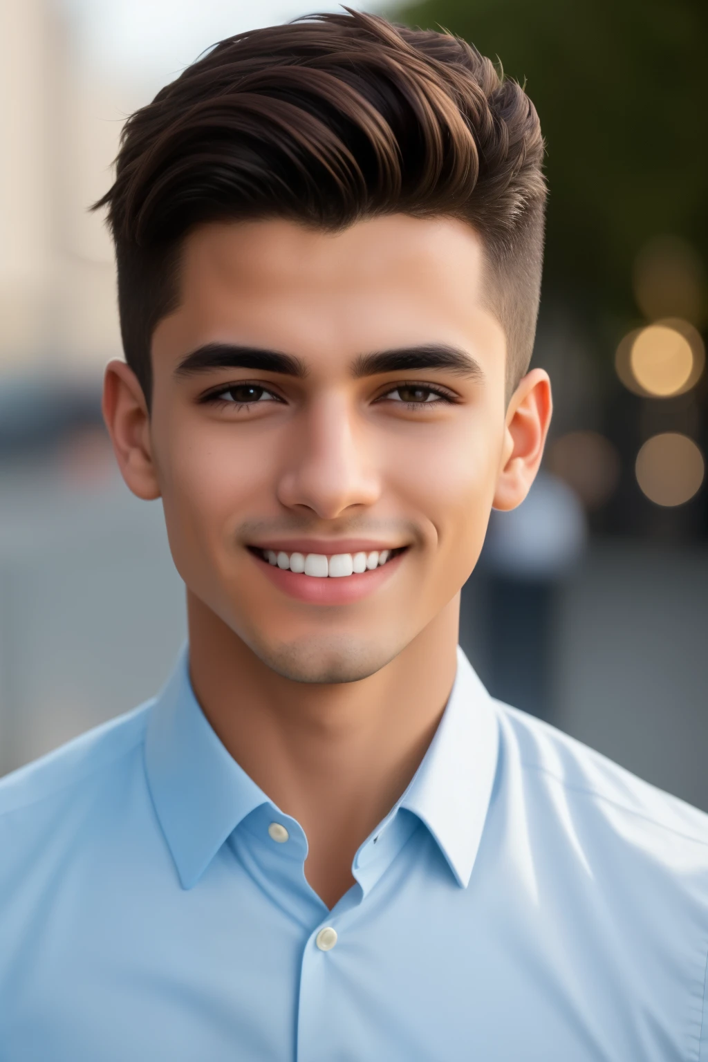 (best quality: 1.2, 8k resolution, high definition), full body portrait of a young Latino man, short brown hair, perfectly aligned teeth forming a radiant smile, gazing directly into the camera, intricately detailed features, European backdrop, (masterpiece: 1.2) captured in a Canon EOS R6 with a 24-70mm Lens, F/4.0, sharp RE, best quality settings.