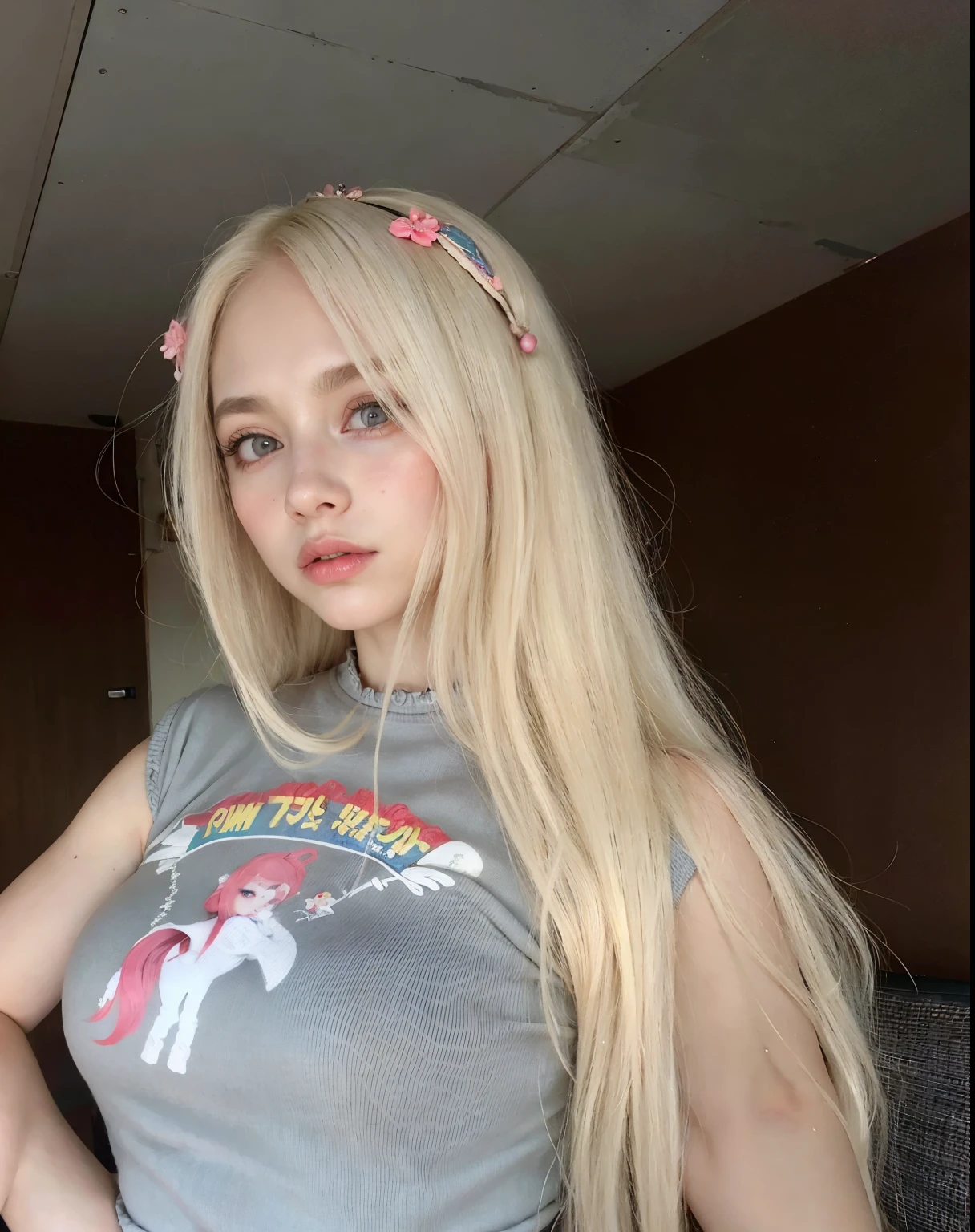 Mujer rubia de pelo largo con camisa gris y diadema rosa, very very pale blonde hair, Retrato de Kim Petras, ava max, Yelena Belova, linda delfina, pelo largo y rubio y ojos grandes, extremely pale blonde hair, pelo largo y rubio y ojos grandes, anna nikonova aka new milkmaid, con pelo largo y rubio, 18 years