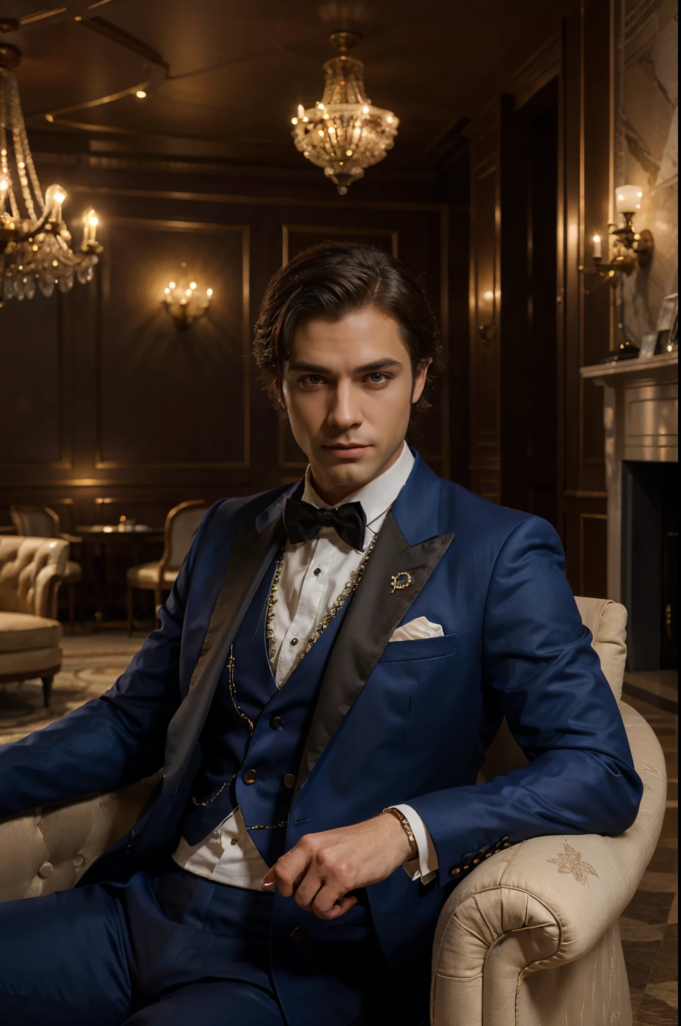 High quality, highly detailed CG unity 8k man wearing a beautiful royal blue tuxedo with chrystal ornamentation on an elegant hotel lounge, landscape image