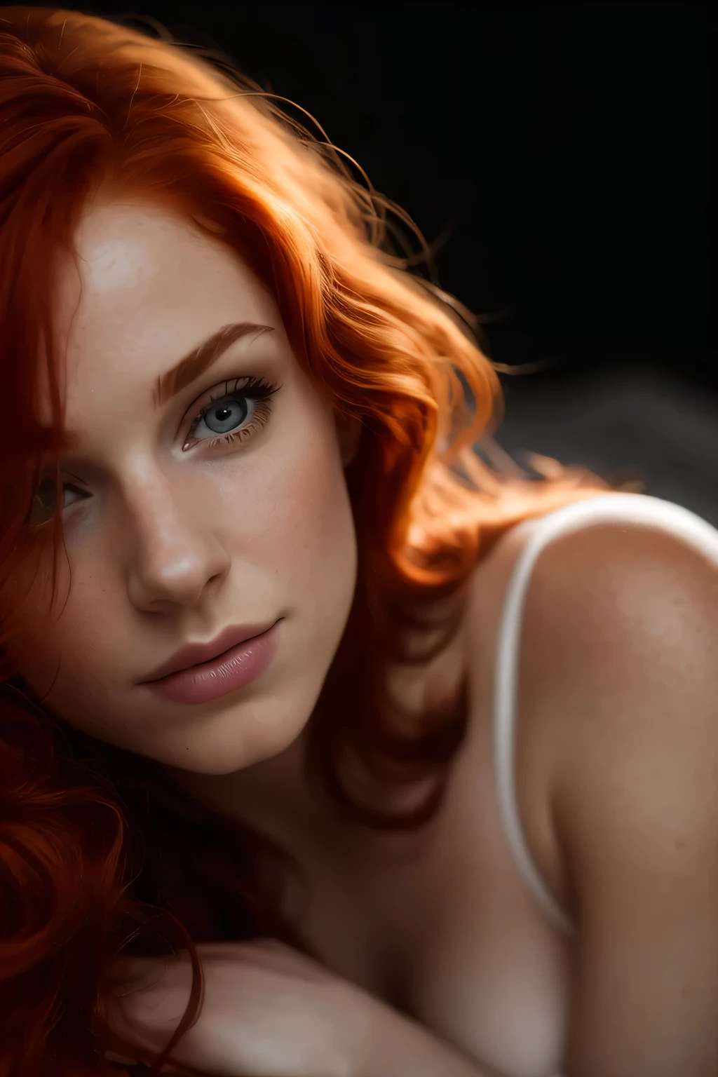close up portrait photo of red haired woman laying in bed, long red hair, sexi underwear, high quality photograph, bokeh, gobo lights, rim light, warm ambient light, volumetric light, depth of field, analog,