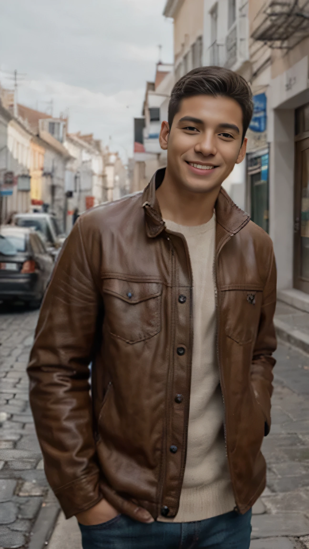 (Mejor calidad, 8k, high resolution, obra maestra: 1.2), retrato de cuerpo entero de un joven latino, cabello corto, By the chestnut, Sonrisa perfecta, looking to the camera, Detalles perfectos, alta calidad, antecedentes europeos
