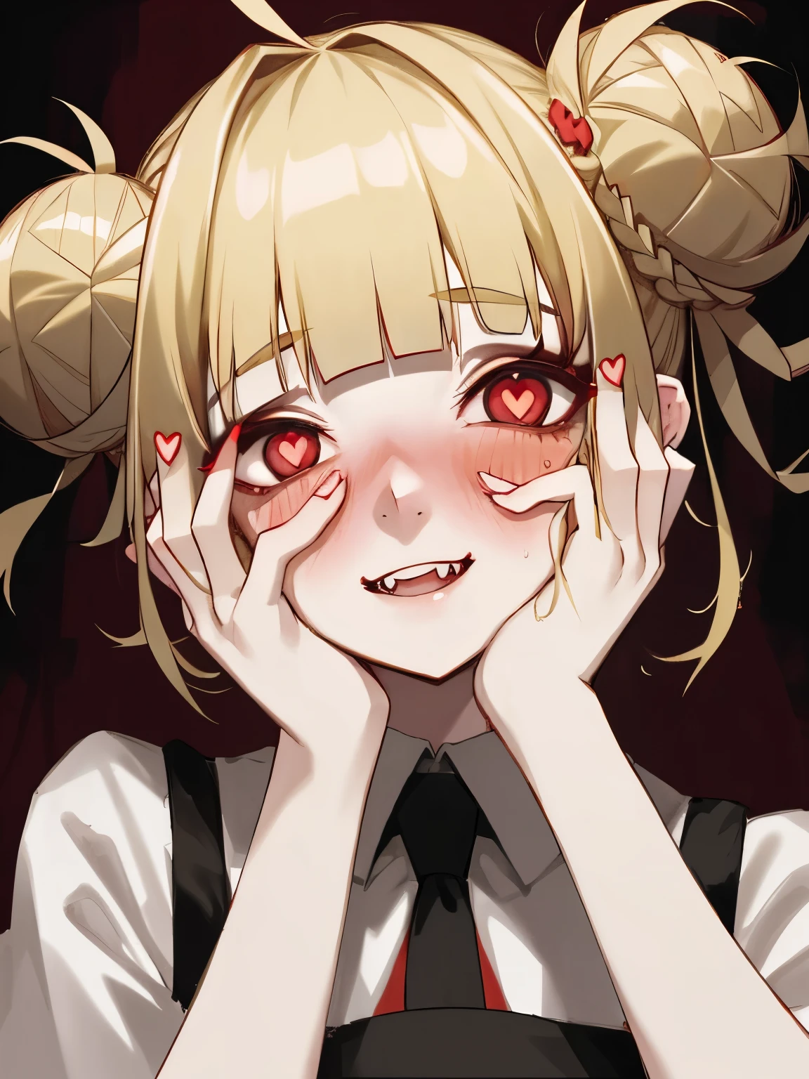 (1girl), yandere trance, yandere, hands on own face, hands on own cheeks, creepy, himiko toga, blonde hair, blunt bangs, double bun, eyeliner, hair bun, makeup, messy hair, fangs, narrow eyes, heart-shaped_pupils, blush