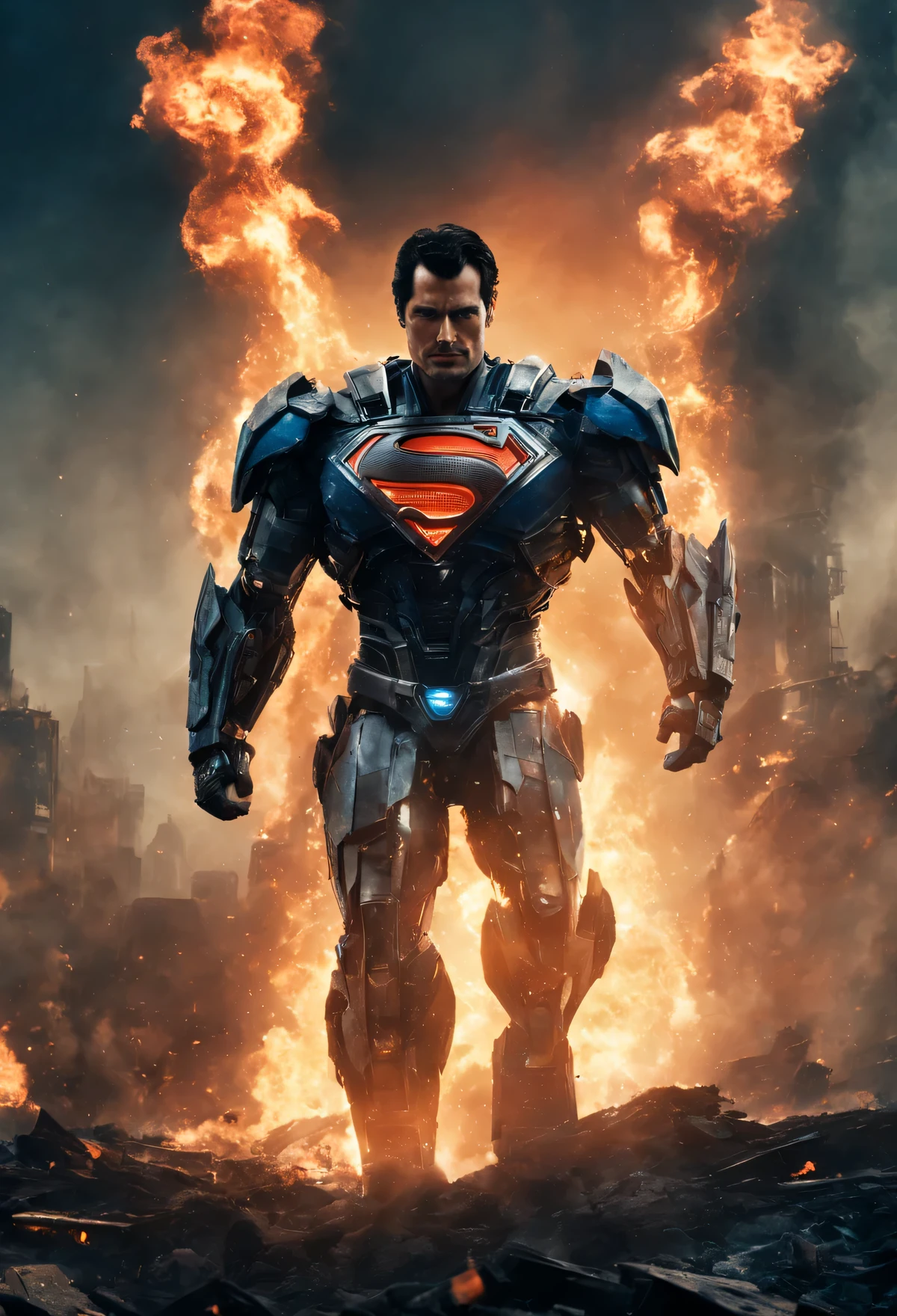 a close up of a superman standing in front of a fire, transformers cinematic universe, wojtek fus, hq 4k wallpaper, transformers : the last knight, in the movie transformers, thertrevkaiser, Henry Cavill as superman, artstation masterpiece, super robot, superman fused with optimus prime, japanese dc live-action movie, hd wallpaper, inspired by Zack Snyder, Henry Cavil so handsome