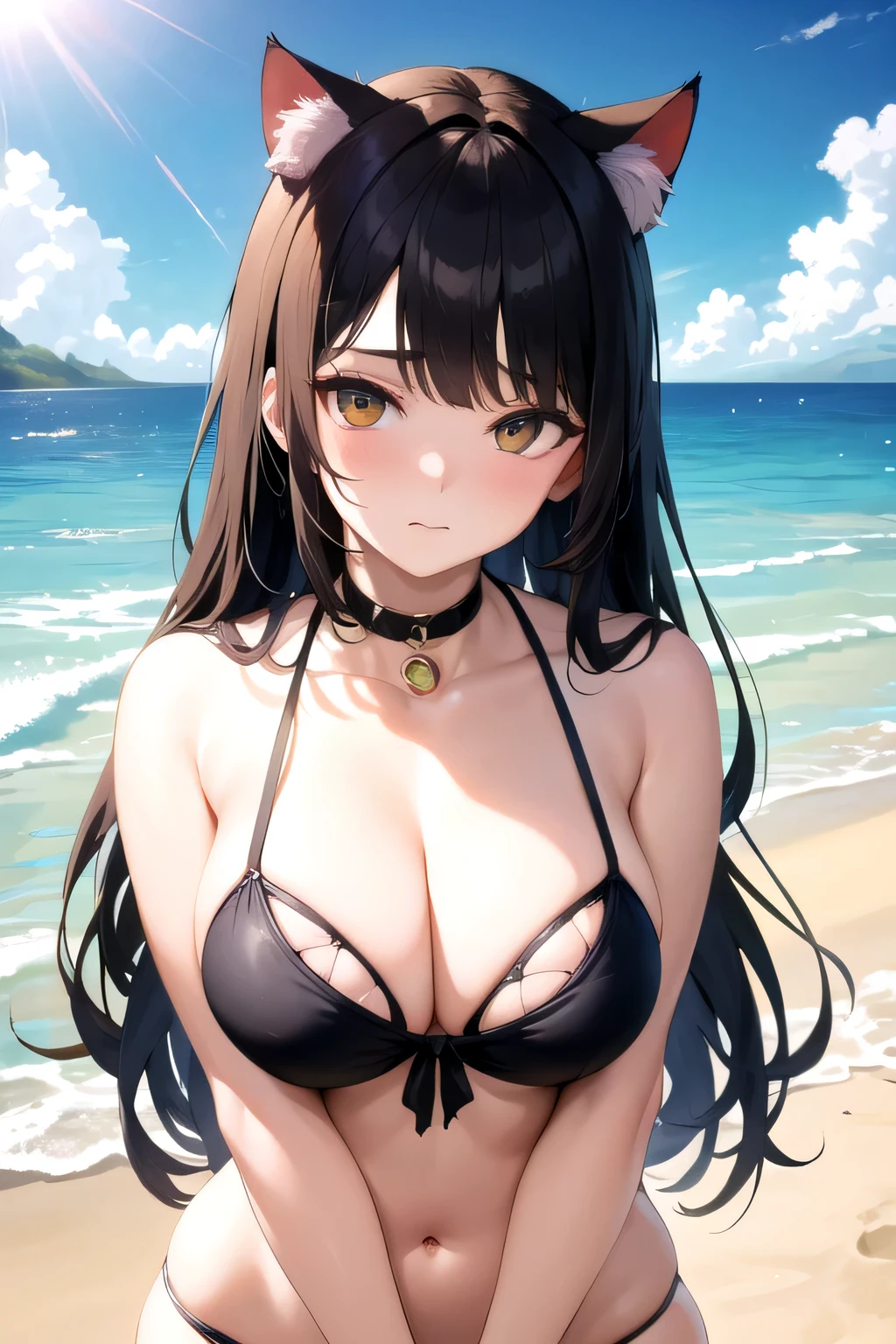 ((melhor qualidade)), ((4k)), ((full HD)) ((obra de arte)), (detalhado), rosto perfeito, big , cat ears, long hair, black hair, beach, bikini