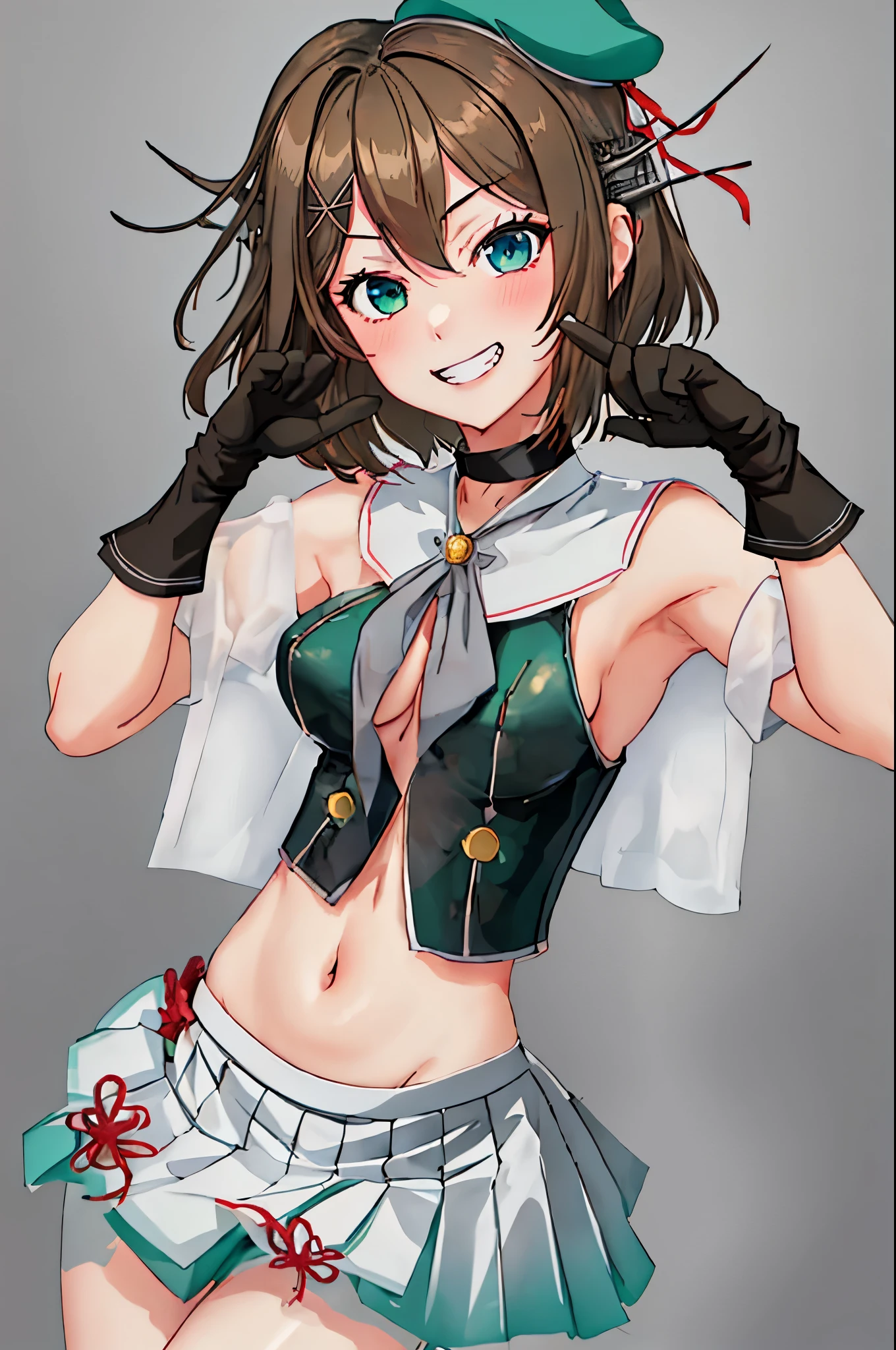 Show your armpits,highest quality, masterpiece, High resolution, 一人in, {Maya_Kantai Collection:1.15}, short_hair, Brown_hair, hair_ornament, green_eye, chest, hairclip, X_hair_ornament, big_chest, blush, hin, headgear, cleavage, 1 girl, beret, black_gloves, gloves, hin_ribbon, looking for_in_viewer, abdomen, pleined_skirt, School_uniform, serafuku, simple_background, skirt, No sleeve, white_background, grin and laugh, belly button, smile, mini_hin, upper_body, white_skirt