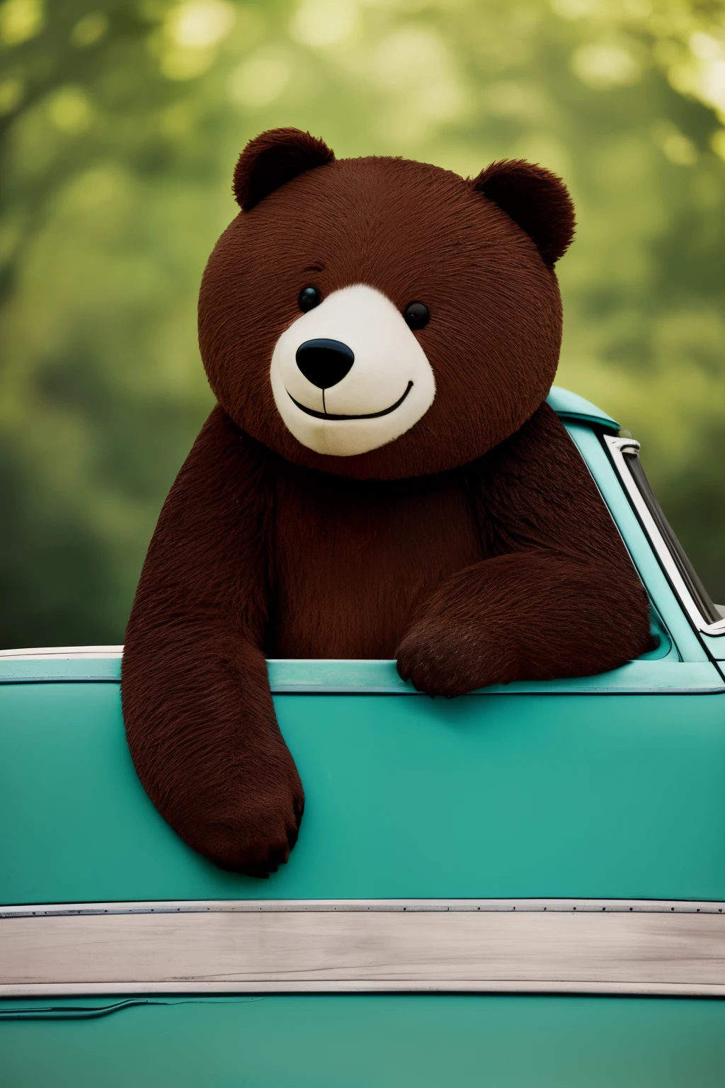 RAW photo in sequence, an illustration of a happy bear in a happy car, ((image for drawing book for children)), urso sorrindo, rodas girando, detalhes do carro como espelhos, ralos e volantes, detailed landscape like green trees and clear sky, luzes naturais, HDR, estilo caricato, cor alto contraste, qualidade alta, film grain suave, formatos PSD ou JPEG.
This RAW sequence image depicts a happy bear in a happy car, an illustration for a