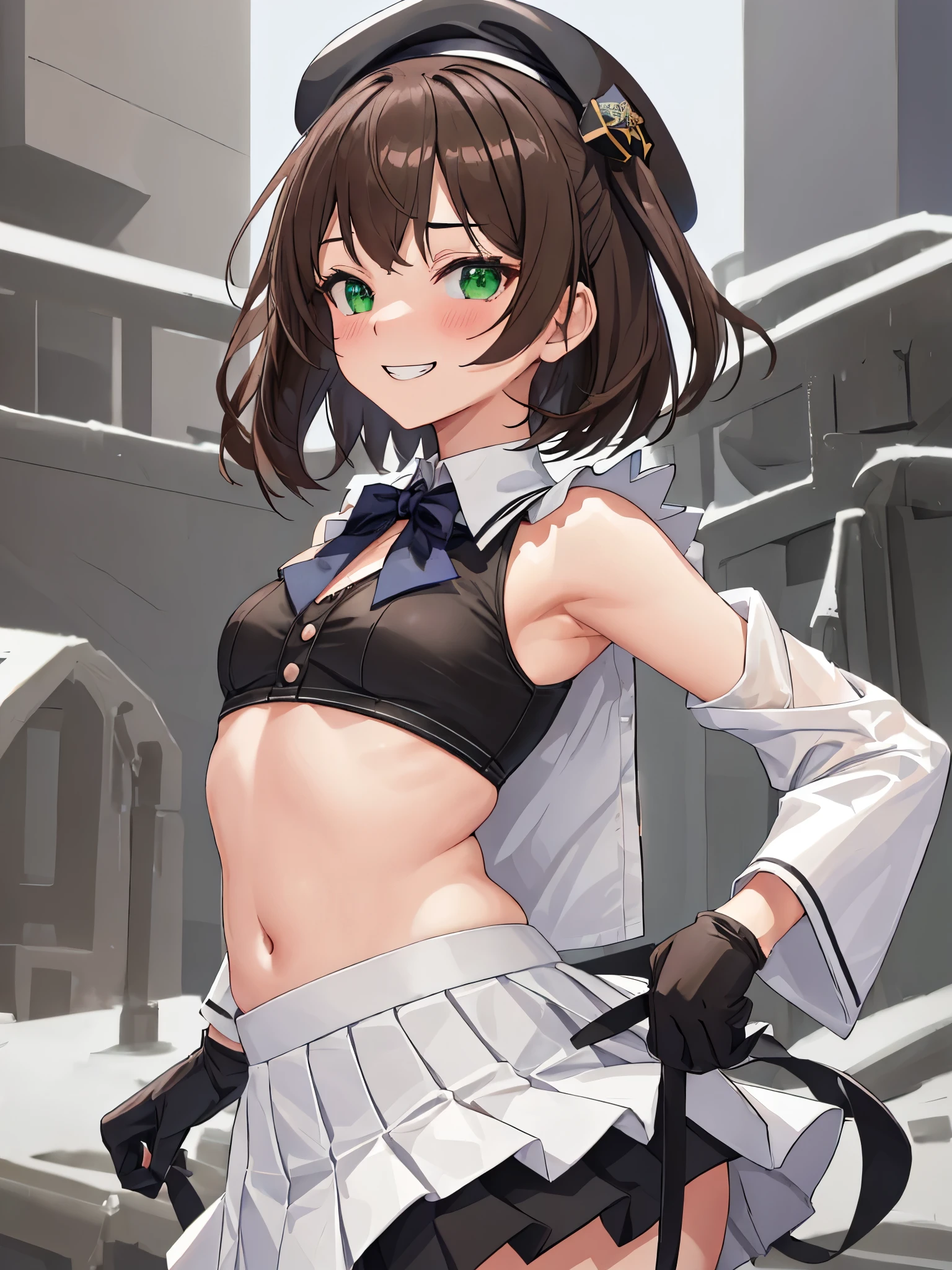 Show your armpits,bad hands,bad fingers,missing fingers,extra fingers,highest quality, masterpiece, High resolution, 一人in, {Maya_Kantai Collection:1.15}, short_hair, Brown_hair, hair_ornament, green_eye, chest, hairclip, X_hair_ornament, big_chest, blush, hin, headgear, cleavage, 1 girl, beret, black_gloves, gloves, hin_ribbon, looking for_in_viewer, abdomen, pleined_skirt, School_uniform, serafuku, simple_background, skirt, No sleeve, white_background, grin and laugh, belly button, smile, mini_hin, upper_body, white_skirt