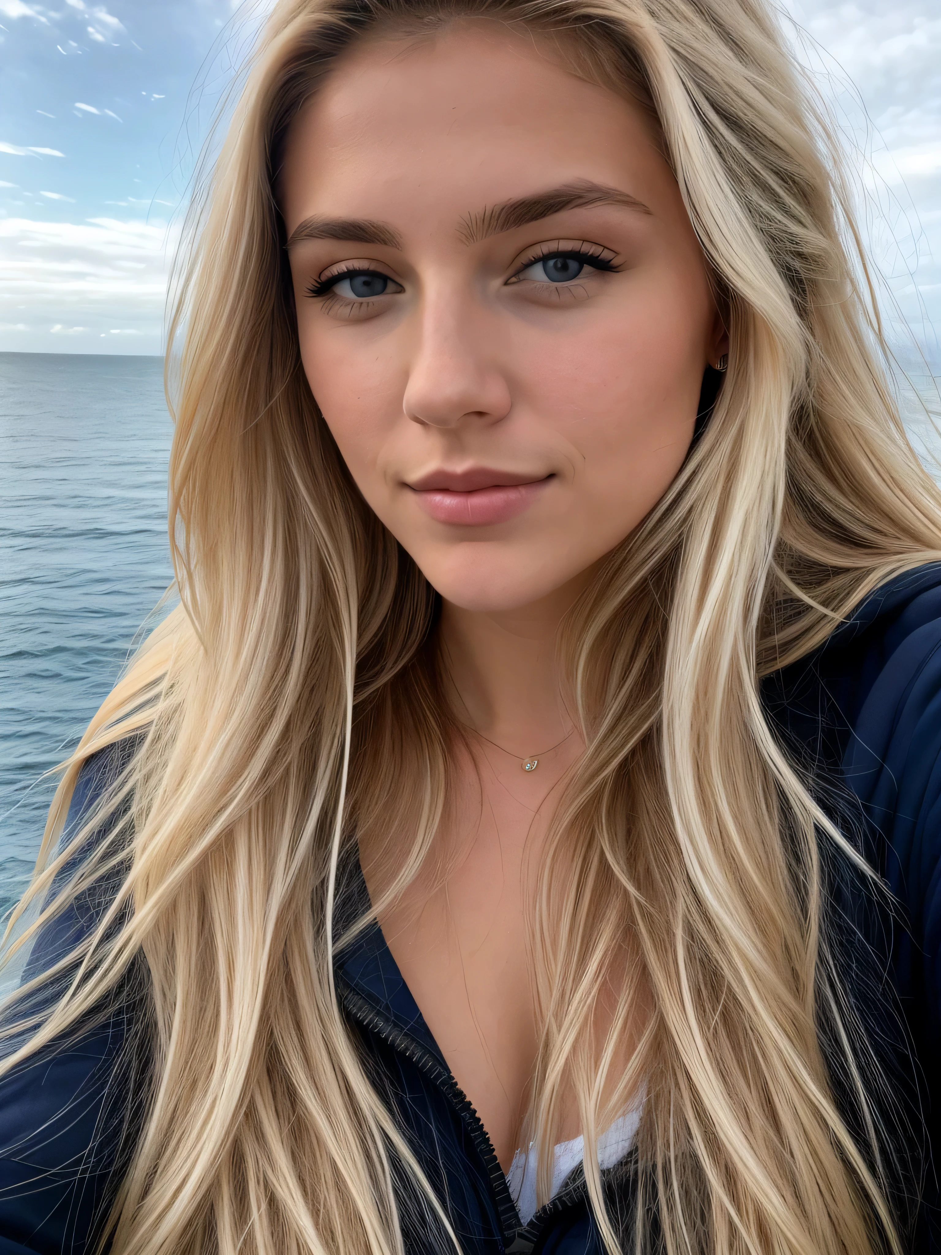 une femme blonde de 23 ans prend un selfie en plein air au soleil, The sea in the background, on voit la mer dans le fond de l'image, la mer couvre tout le fond, 50mm f/2.8, Photorealism, Blonde Hair with Light Brown Roots, cheveux blond, Cheveux avec des racines brunes, Very long hair, yeux bleus, belle femme, vue de face, Extreme close-up of the face, zoom sur le visage, elle porte un blouson de femme d'hiver, high quality, selfie, profondeur de champ courte