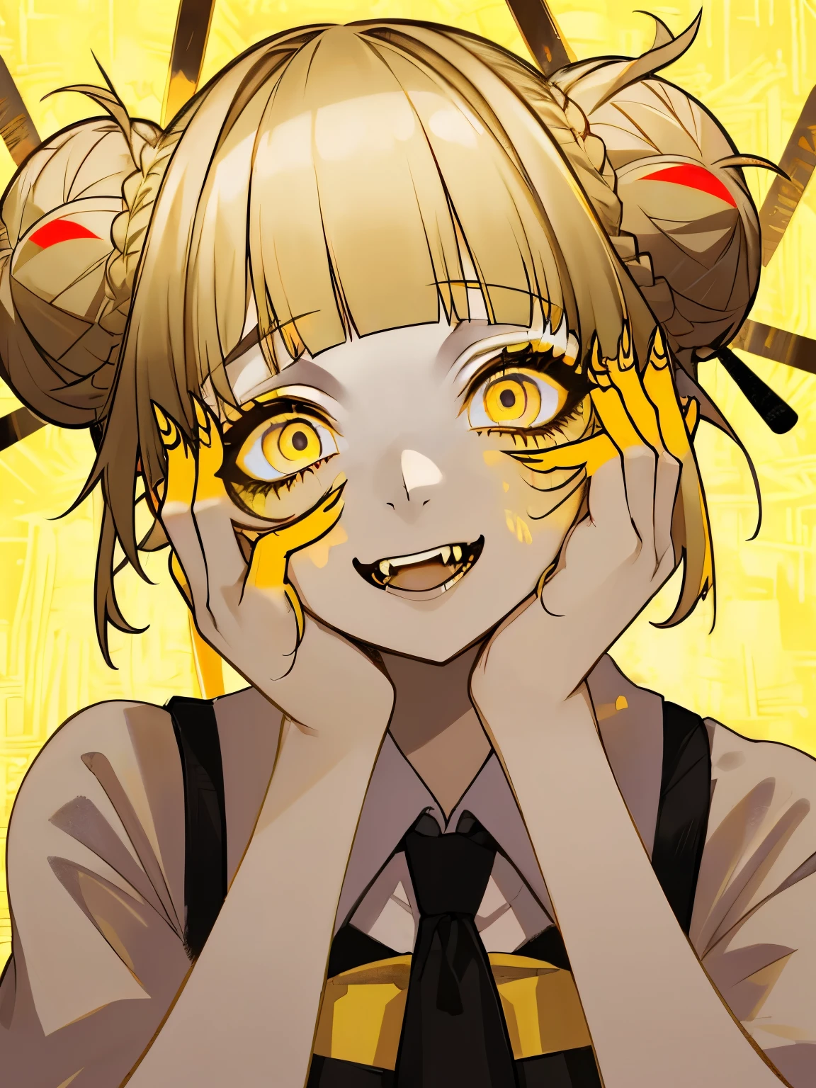 <lora:insanity-angle:1>, score_9, score_8_up, score_7_up, insanity-angle, 1girl, letterboxed, toga himiko, blonde hair, short hair, sidelocks, slit pupils, yellow eyes, blue sailor collar, double bun, messy hair, red neckerchief, serafuku, blush, crazy smile,