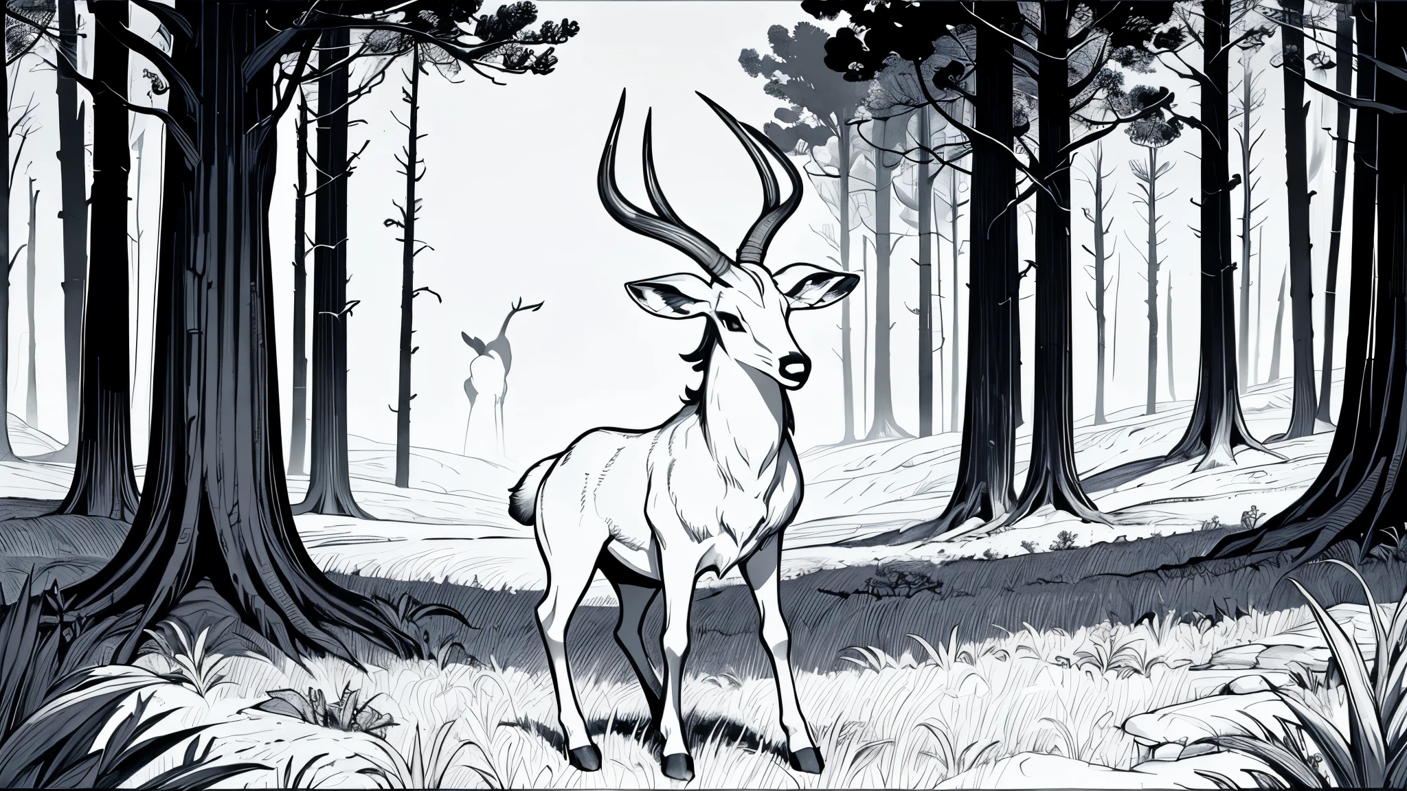 cartoon, thick lines, low detail, black and white, no shading , no colour , Antelope, Juggernaut, Generate an image of a realistic antelope standing gracefully in its natural habitat. The antelope should have long, slender legs, a slender body, and curved horns. It should be depicted in a peaceful and serene pose, perhaps grazing on grass or looking out into the distance. The background should include elements of its natural habitat, such as grasslands, trees, or savannahs. The lighting should be soft and natural, with warm tones to evoke a sense of warmth and tranquility