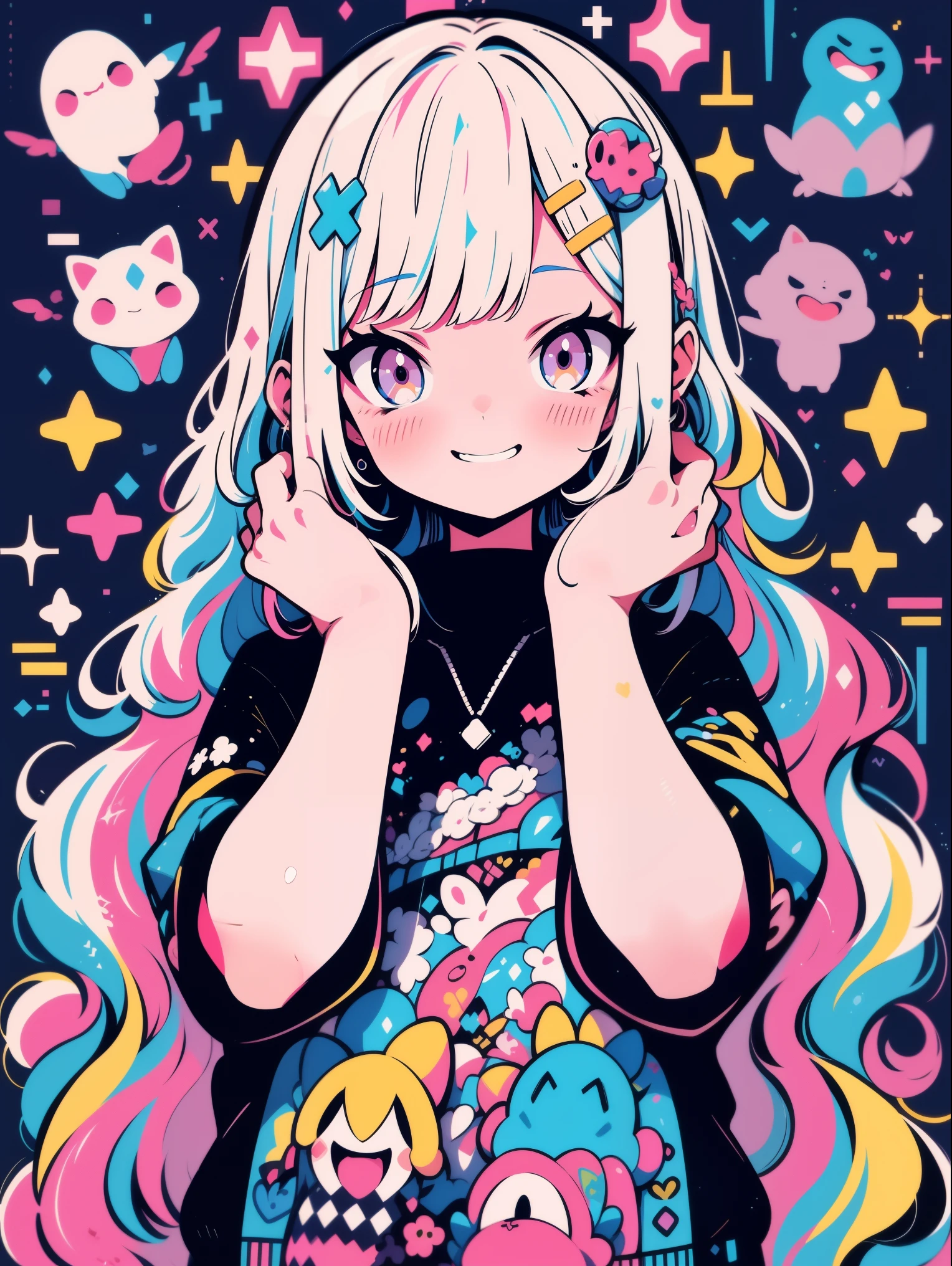 hightquality、Colorful color palette、high-level image quality、Kawaii Girl、Unprecedented amount of drawing、anime styled、Geometric pattern background、sticker style、Long hair、light pink hair、purple eyes, drill hair, front facing, hands up