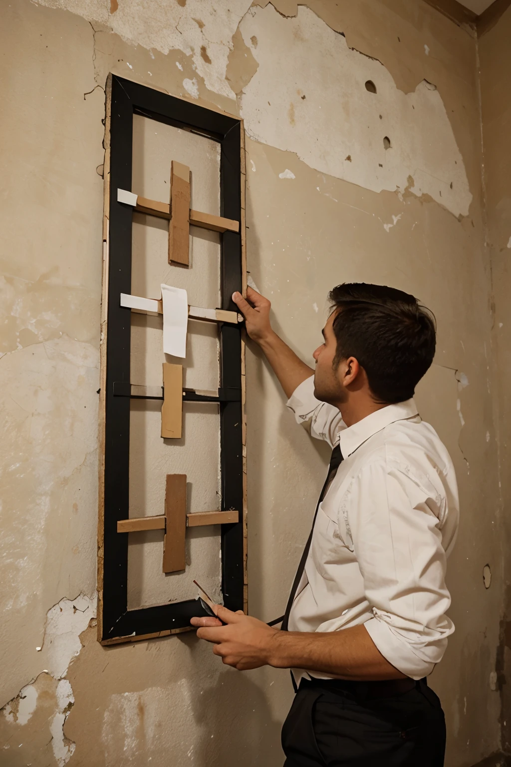 wall with several nail holes in it with a man holding a painting next to it frustrated by the hole in the wall