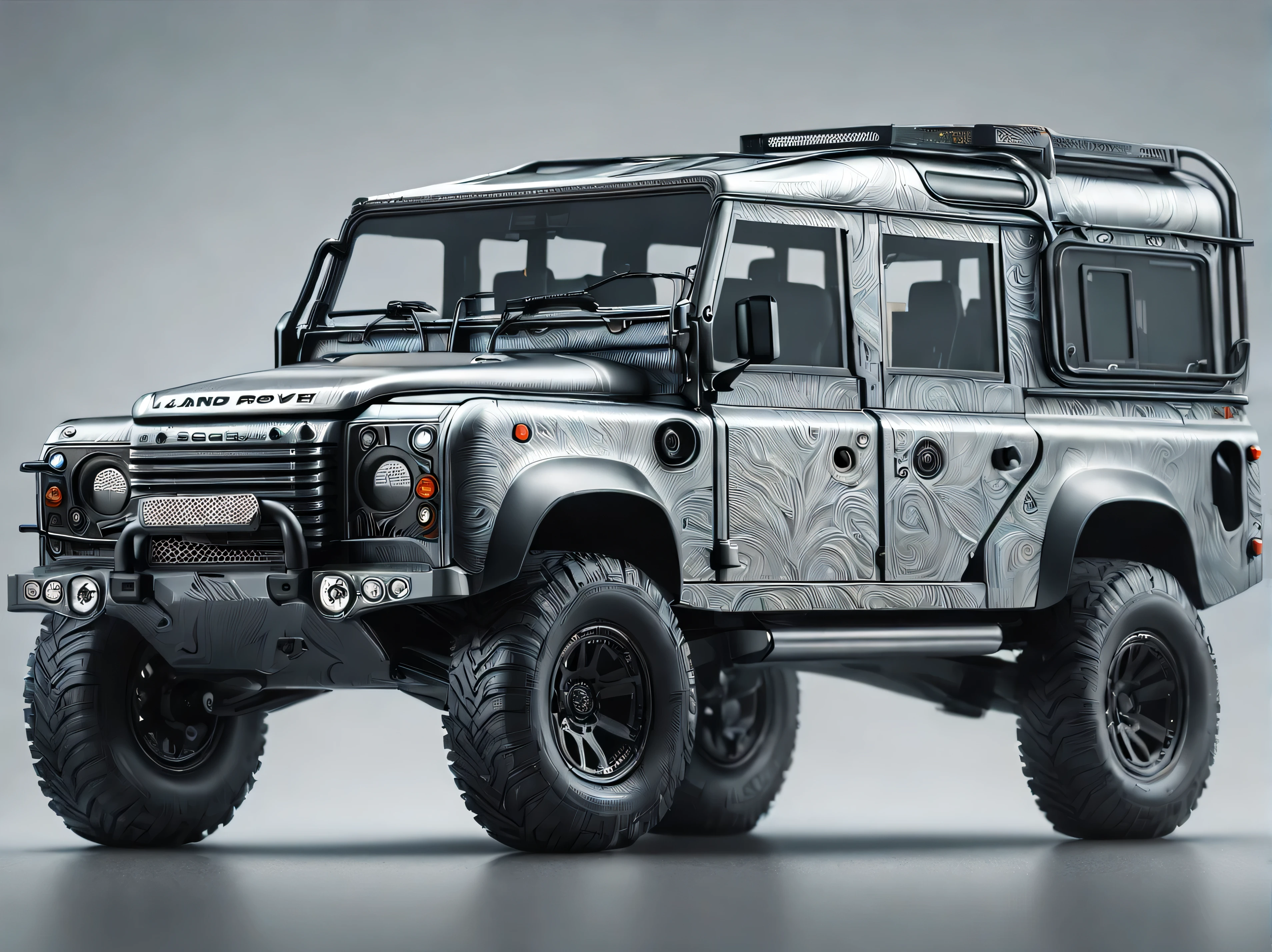 (d4m4scus style:1.3) Land Rover Defender, extreme modified, insanely detailed and intricate, crisp sharp and clear, volumetric lighting, ultra-high resolution, masterpiece hyper realistic artwork