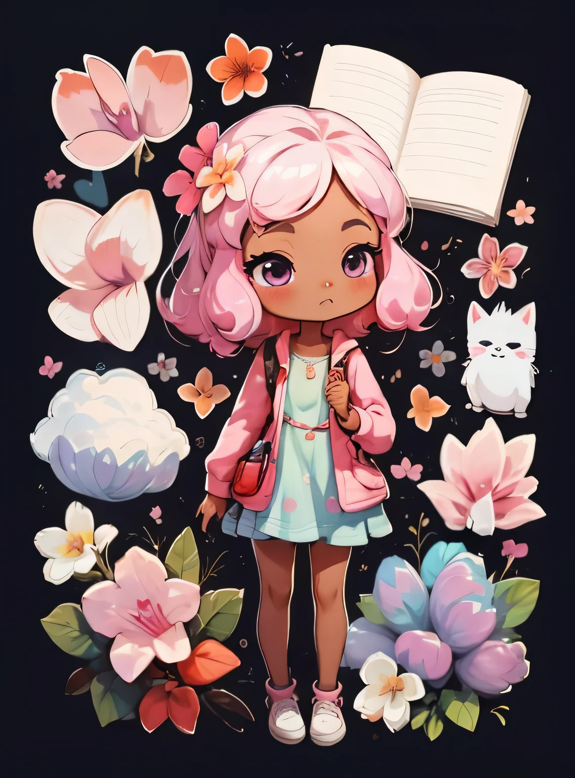 1 africana, fundo simples,3D,mini, corpo todo,cabelo rosa,lilac cloth,com flores