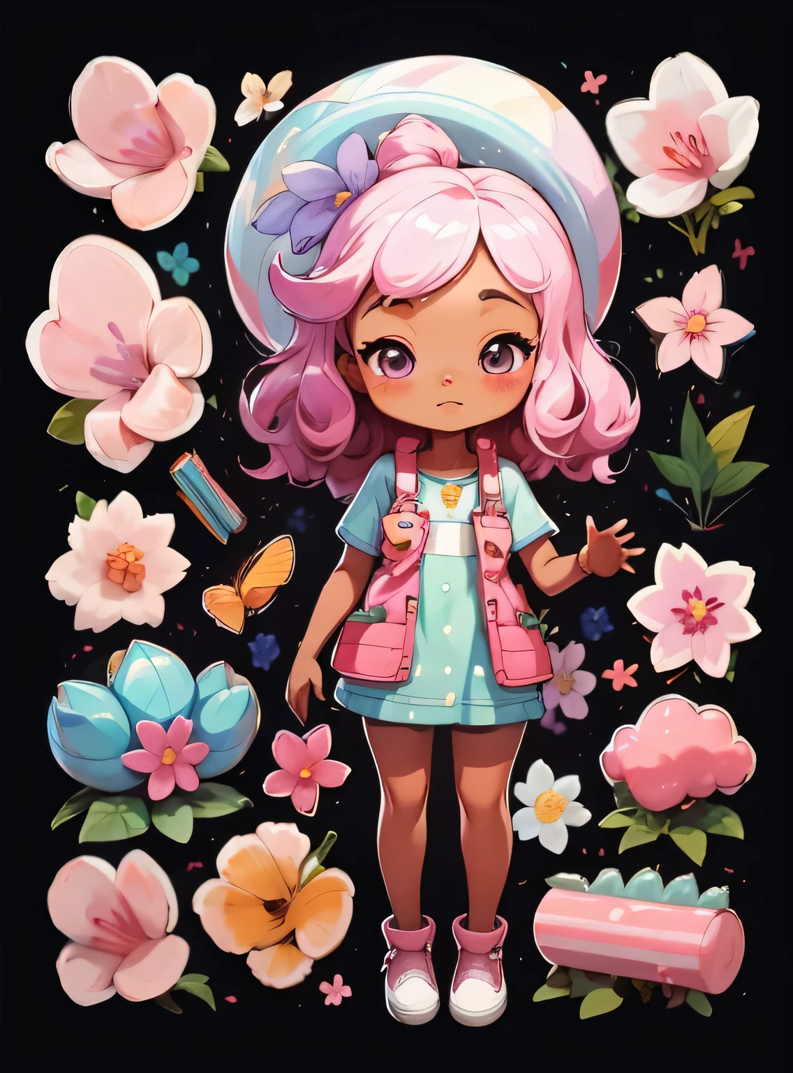 1 africana, fundo simples,3D,mini, corpo todo,cabelo rosa,lilac cloth,com flores