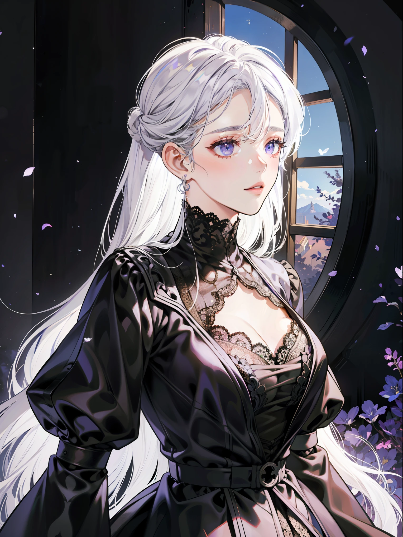 Silvery-white hair,Purple eye,Black silk dress,Lace,Shoulders exposed,forest backgrou,Contre-Jour,Cinematic texture,Light and shadow changes,Europe,Middle Ages,Pull half of your body closer
