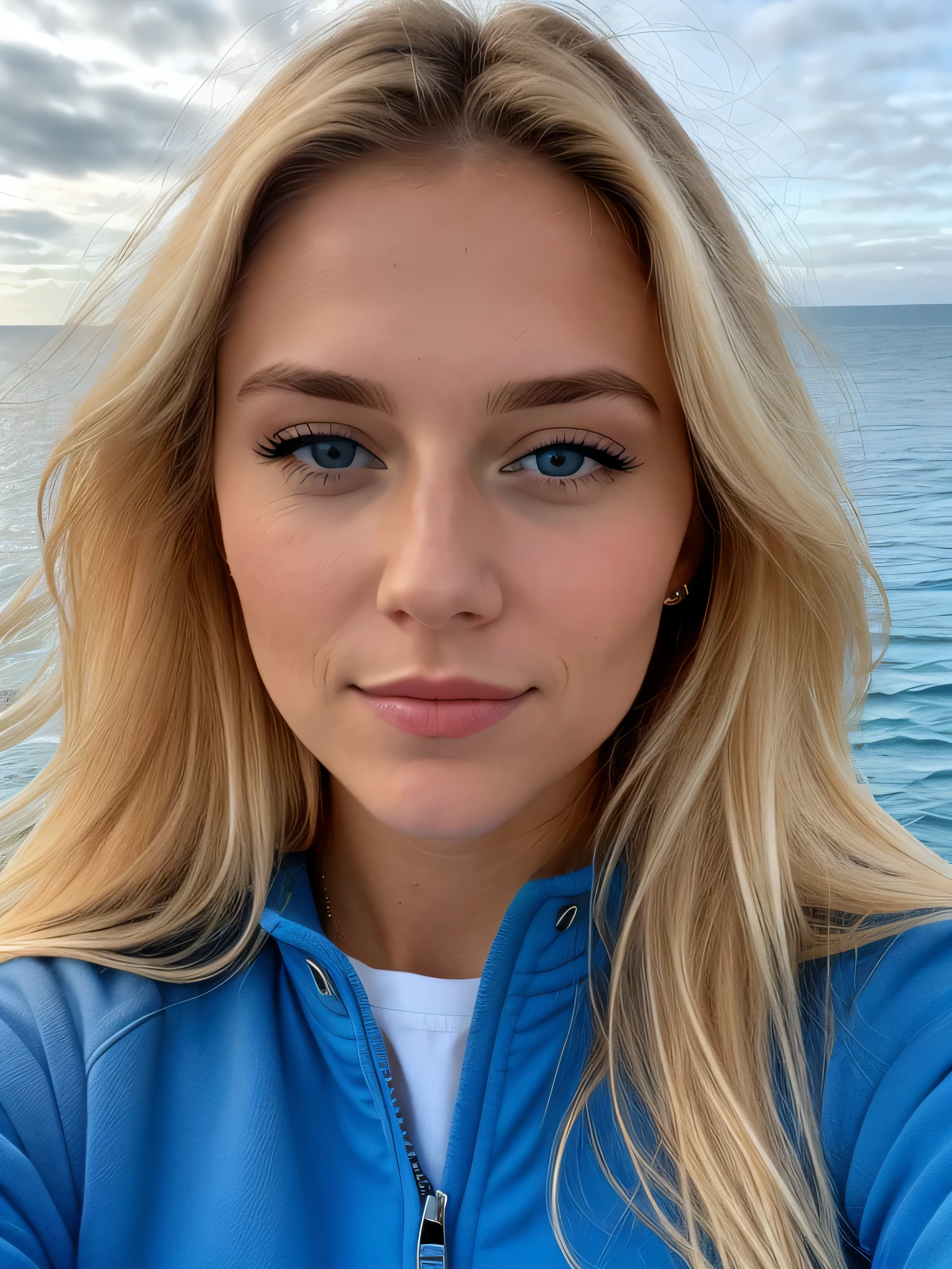 une femme blonde de 23 ans prend un selfie en plein air au soleil, The sea in the background, on voit la mer dans le fond de l'image, la mer couvre tout le fond, Photorealism, Blonde Hair with Light Brown Roots, cheveux blond, Cheveux avec des racines brunes, Very long hair, yeux bleus, belle femme, vue de face, Extreme close-up of the face, zoom sur le visage, elle porte un blouson d'hiver, high quality, selfie, profondeur de champ courte