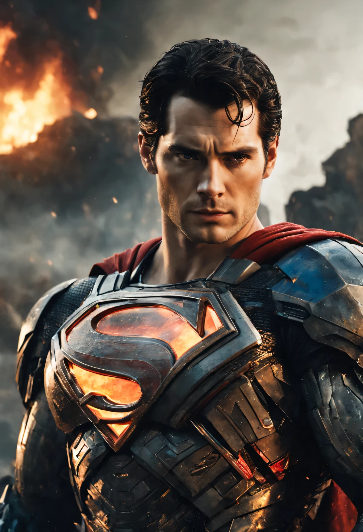 a close up of a superman standing in front of a fire, transformers cinematic universe, wojtek fus, hq 4k wallpaper, transformers : the last knight, in the movie transformers, thertrevkaiser, Henry Cavill as superman, artstation masterpiece, super robot, superman fused with optimus prime, japanese dc live-action movie, hd wallpaper, inspired by Zack Snyder, Henry Cavil so handsome