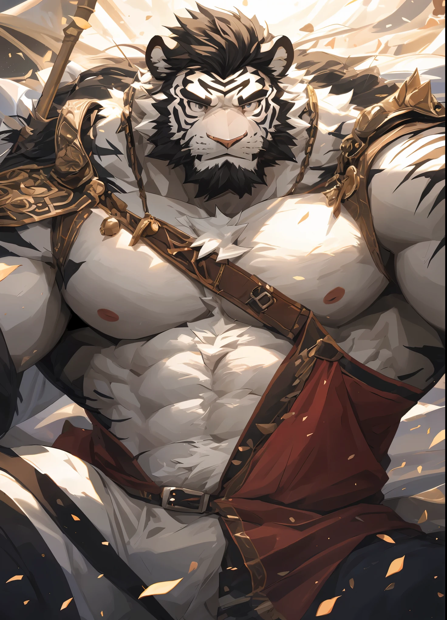 human nature((dramatic))epic, dynamic poses, dynamic angle, a scene in, Extreme perspective and powerful composition, ridiculous, (super detailed), sharp focus, Genji, Eye, black Eye, hairy, white fur, Black and white fur, Blackbeard, black hair,human nature (White Tiger), male, middle aged, white body, white belly, muscular, super detailed face, (delicate Eye), 1 boy, in the house,Lying in bed,(disheveled 1.4),(1.2)motion blur, (best quality), (masterpiece), high detail, high quality, Award-winning, high resolution, HD, 16k, Yes, (close up:1.5)