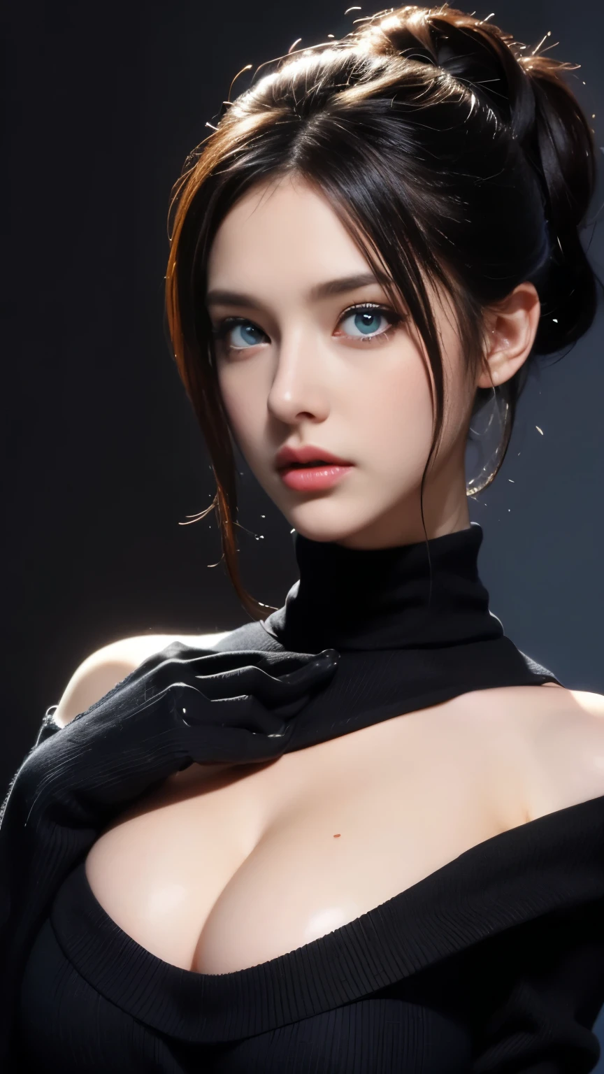 ultra high res, masterpiece, best quality, perfect glossy shiny skins, perfect lighting, detailed lighting, dramatic shadows, ray tracing, black sweater, looking at viewer, off shoulder, Big breasts, Exposed cleavage, blue Eyes, nsfw, ((Dark background)), Sexy face, Facial expressions when receiving pleasure, open mouse,