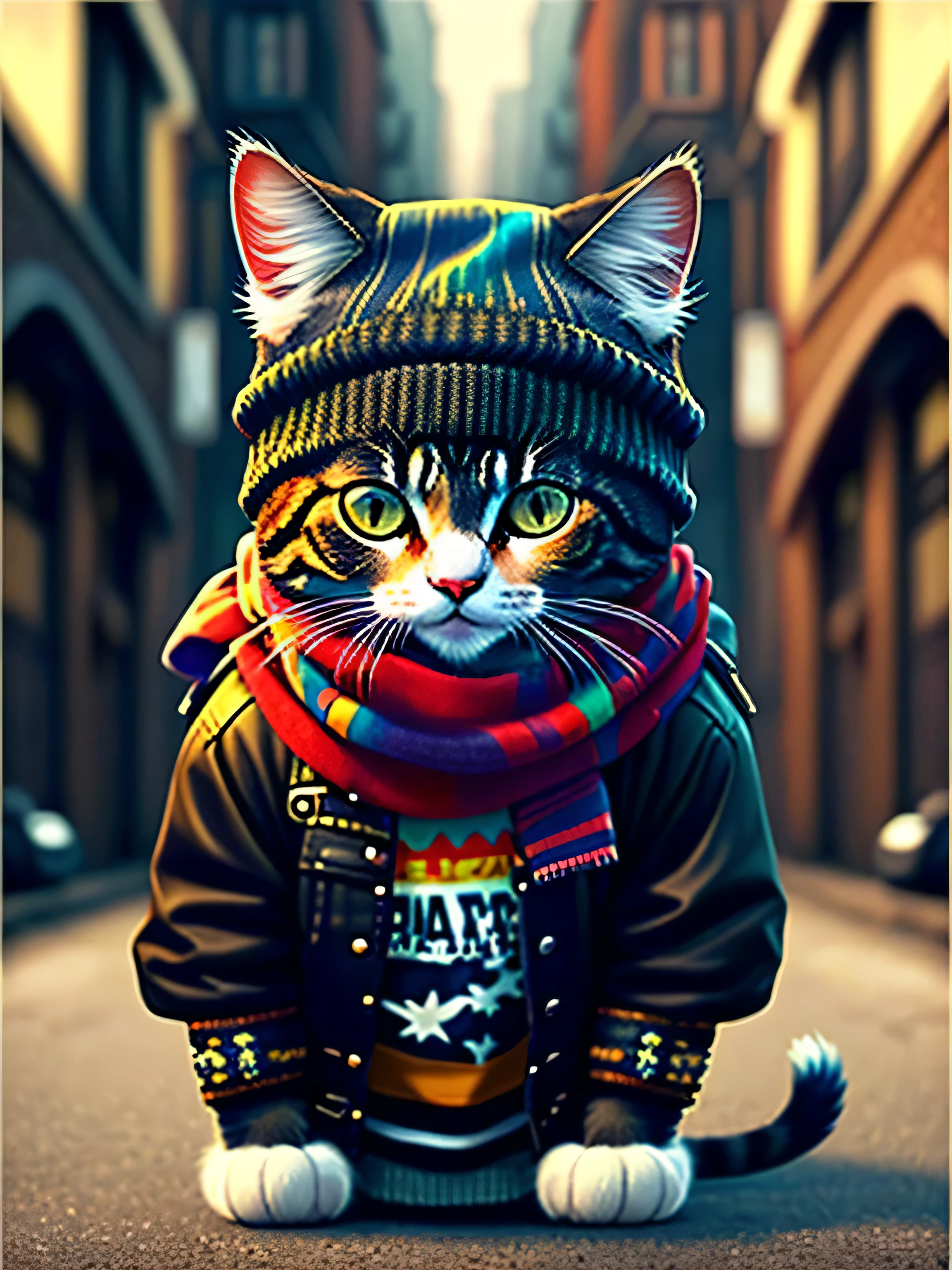 picture of a cat wearing scarf, art station trend, dressed in punk clothes, hyper realistic detailed rendering, british gang member, urban style, intimidating pose, planet of cats, fashion clothes, urban samurai, meow, west slavic traits, 8 1 5