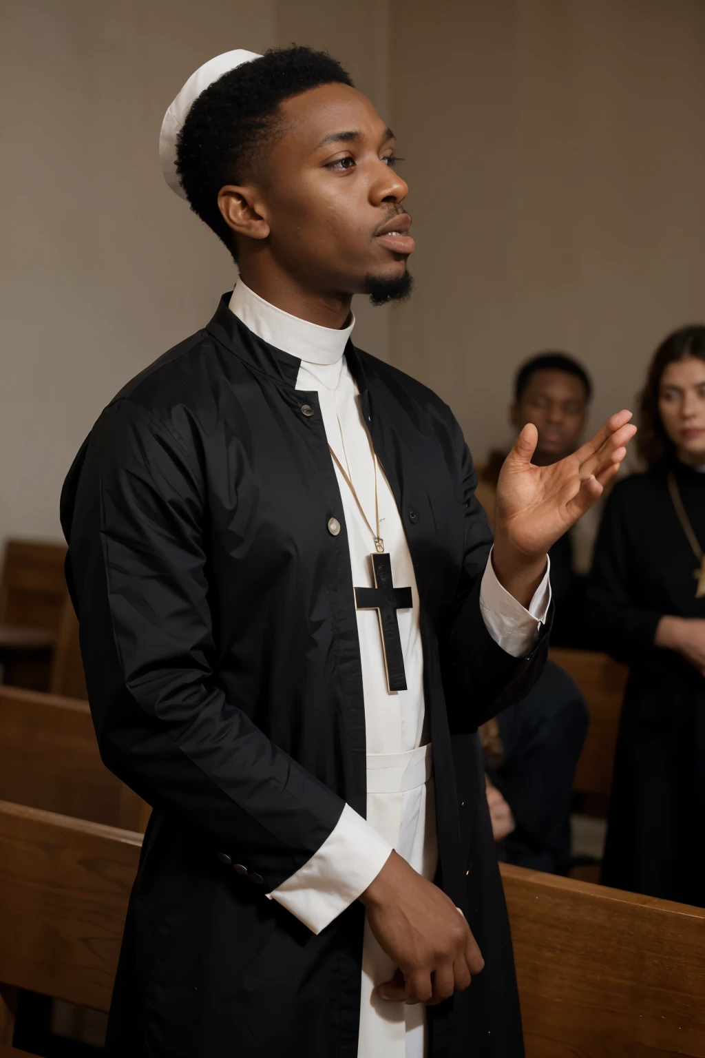 a Catholic priest in black street clothes with a Roman collar, elegant, African preaching from the ambo