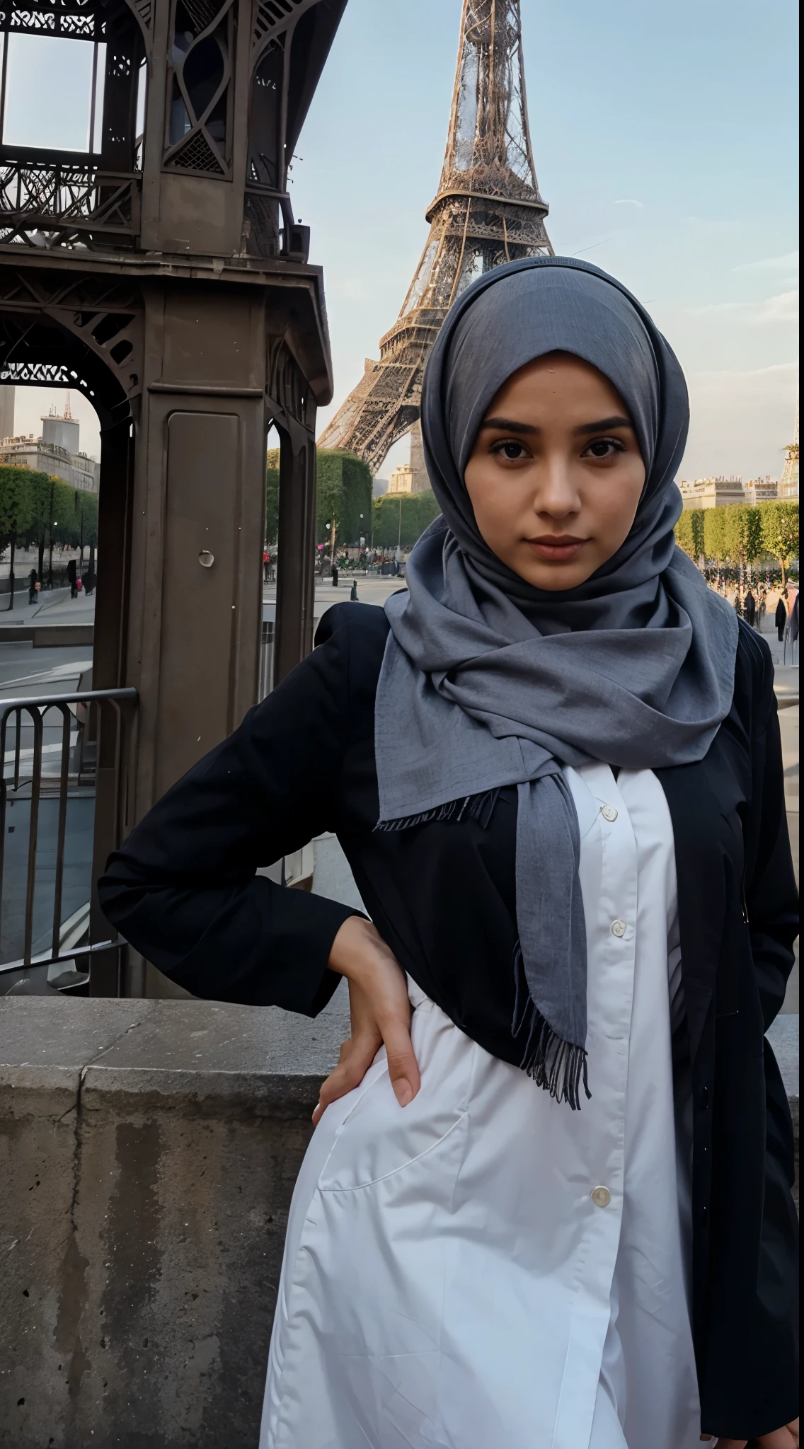 woman, wearing hijab, eiffel tower background
