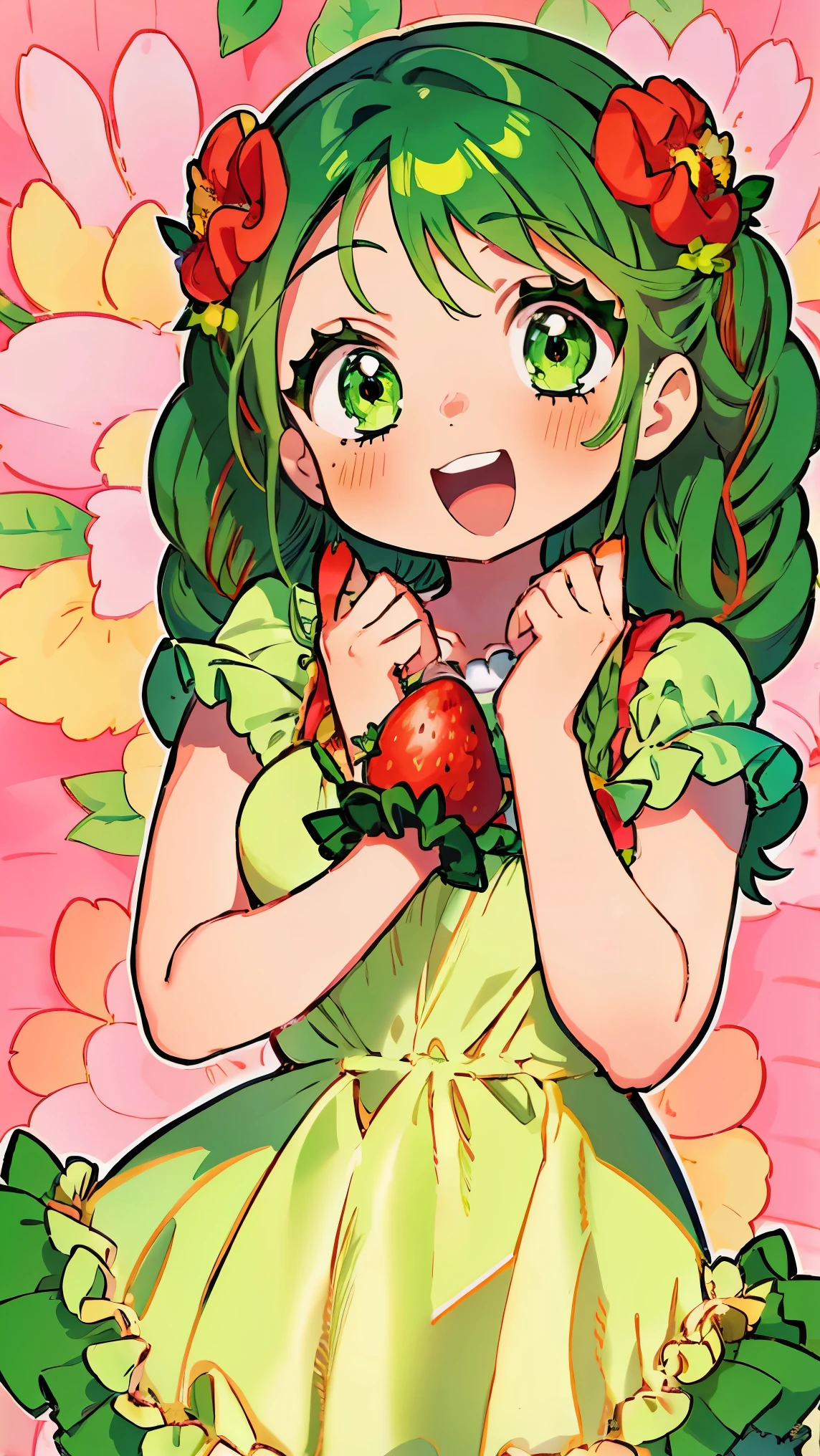 a girl anime girl with lots of green hair and strawberries around her, 1girl, green eyes, solo, green hair, braid, twin braids, flower, long hair, dress, hair ornament, smile, short sleeves, looking at viewer, food, hair flower, blush, strawberry hair ornament, frills, open mouth