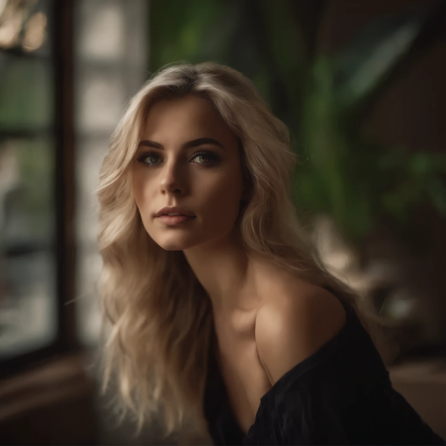 arafed woman with black sexy atractive clothes, sexy girl with green eyes, blonde hair and large eyes, selfie of a young woman, bedroom eyes, violet myers, without makeup, natural makeup, looking directly at the camera, face with artgram, subtle makeup, stunning full body shot, in a roof , cleavage, portrait