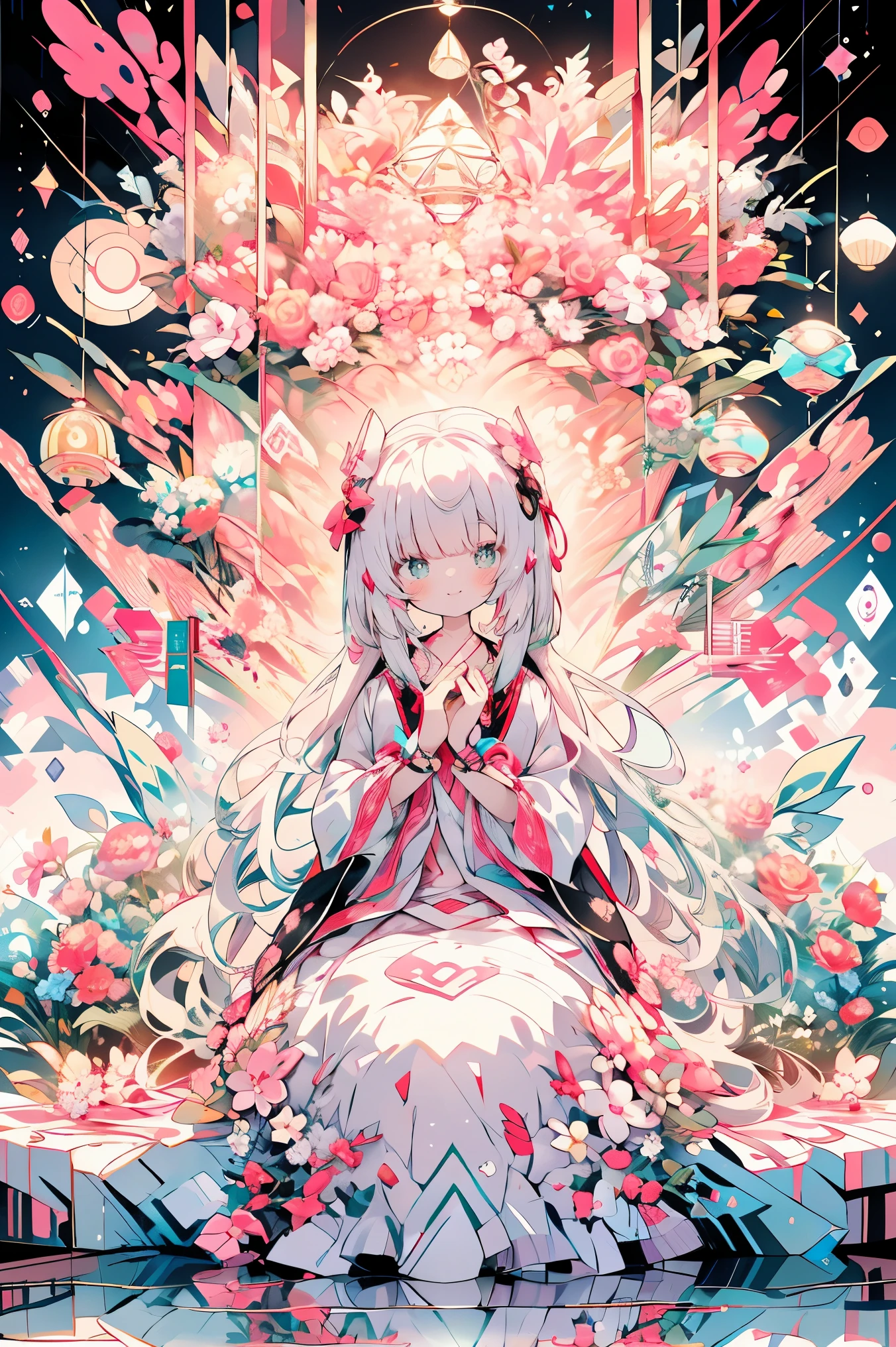 (Background white:1.0),(Nature illustration:1.0,paper art:0.7, Quilted Paper Art:1.0),(Clear lines,Best Quality, Very detailed, masutepiece, Movie Light Effects, 4K )(Particles of light:1.0)(Chiquita、tiny girl、Rori:1.0)Background with、long、kindly smile、Pink ribbon on clothes、lolita dress、Sit on the floor、girl with、lightsmile、Pink Theme、Gentle system、Gentle girl、Thick、Fluffy clothes、lots of ruffles、Transparent functionality、full body Esbian、lots of ribbons、Cute smile、Detailed picture、high-level image quality、looking at the viewers、Bruise girl、Kawaii Girl、The best smile、Detailed picture、master piece
