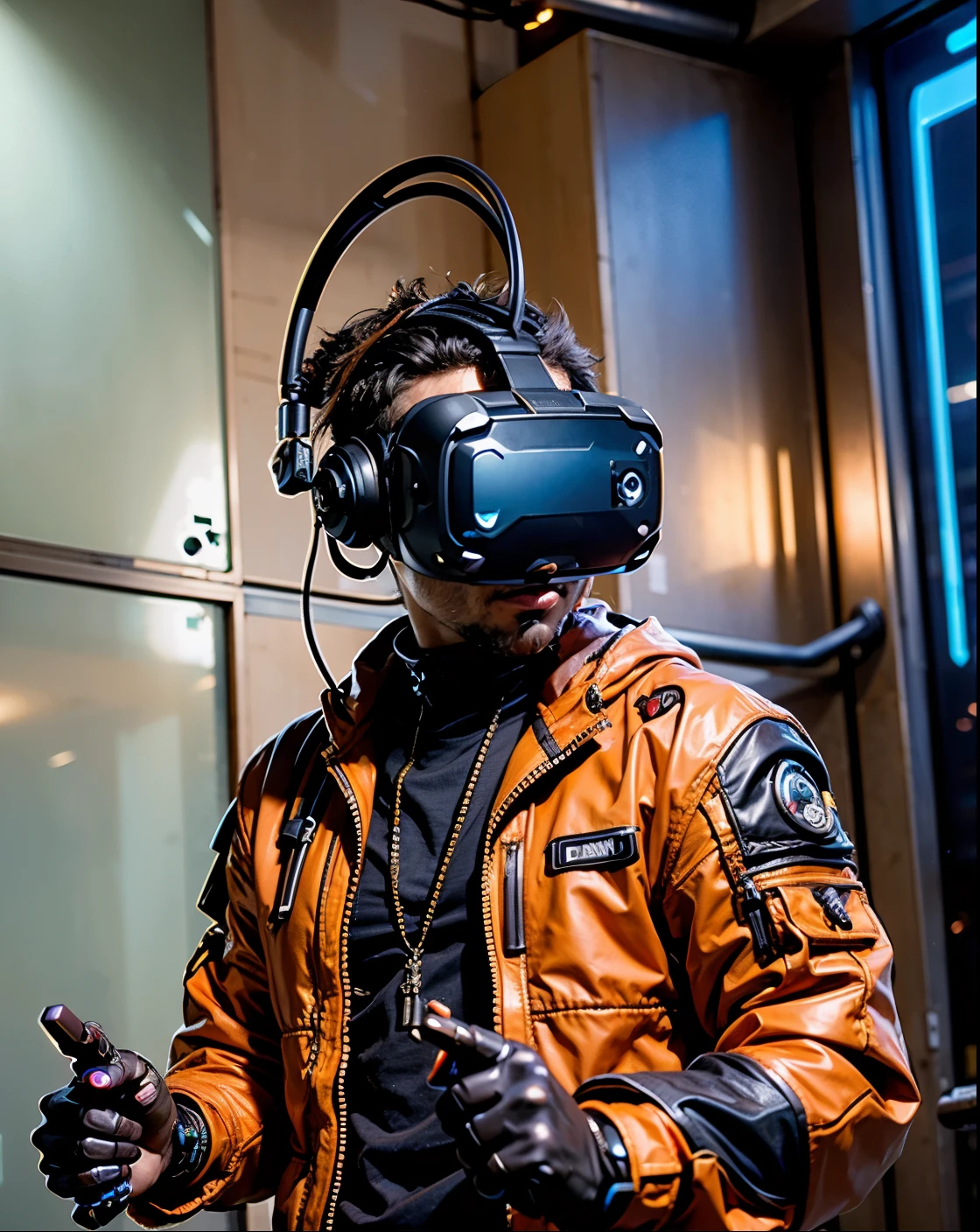 there is a person dressed in an orange spacesuit, fone de ouvido ciberpunk, cyberpunk vibes, usando VR, cyberpunk vibe, como uma oficina cyberpunk, usando um fone de ouvido VR, Capacete VR, estilo cyberpunk hiper-realista, usando um fone de ouvido VR, Imersivo, Headpiece Cyberpunk, cyberpunk scene, mecanismo de metaverso de realidade virtual, mais fundo no metaverso vamos