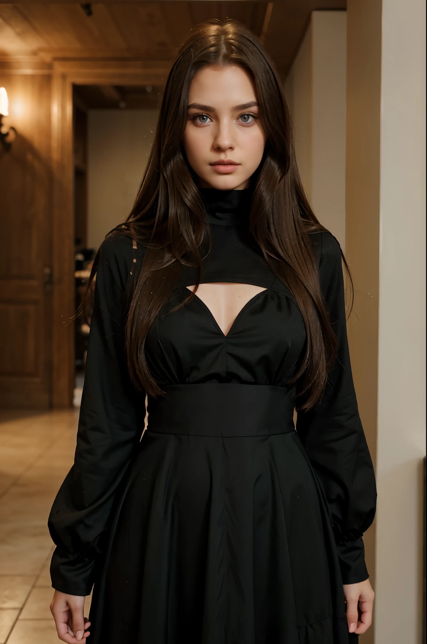 Instrgram model green eyes long brown hair in a black kurem dress