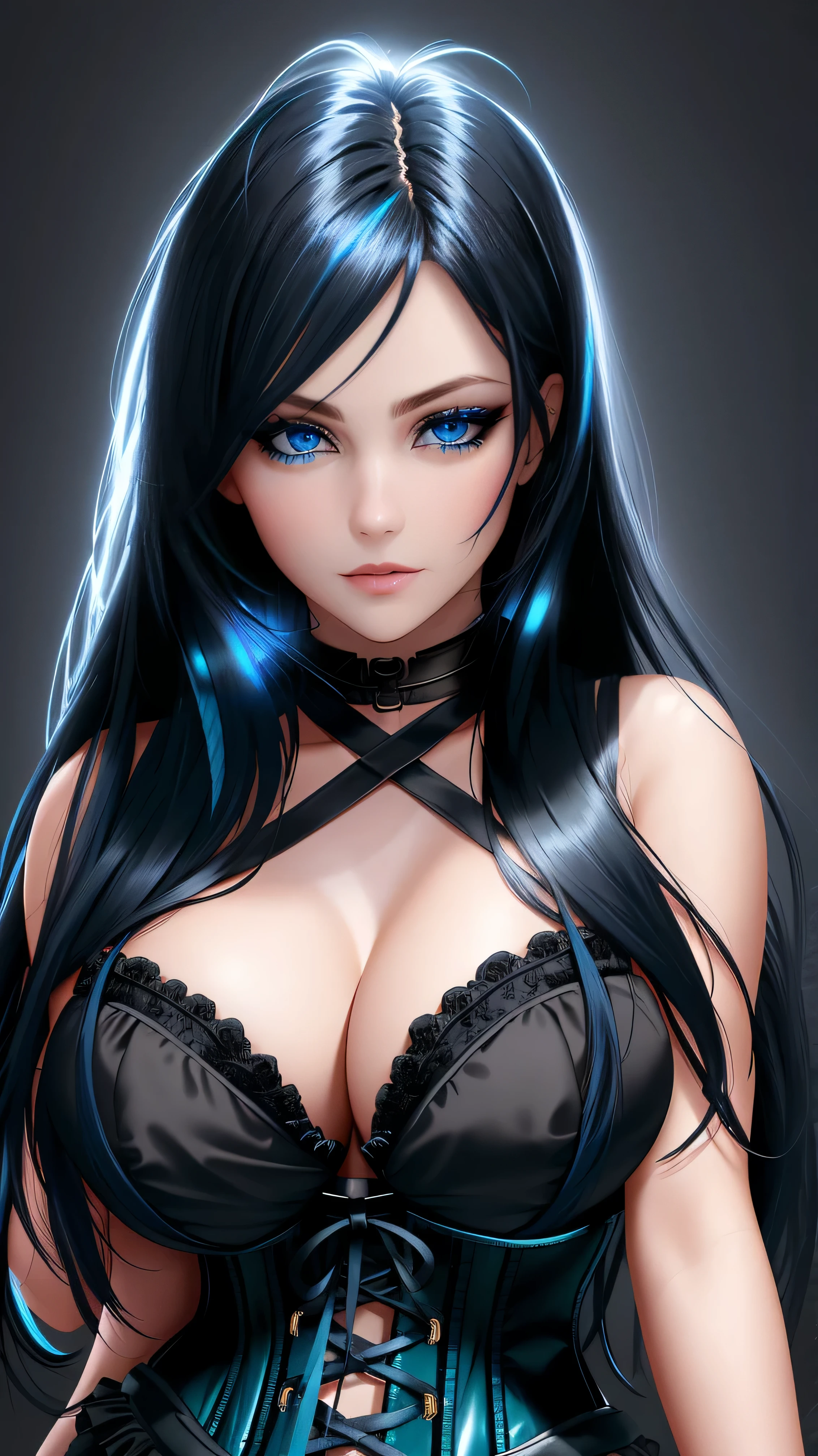 beautiful girl, full body, bright blue neon streaked dishevelled hair, ((large light realistic detailed eyes:1.3)), ((seductive pose:1.5)), ((nice tits:1.4)), black eyeshadow, (black corset :1.2), ((stockings:1.3)), ((dark plain black background:1.4)), dark makeup, digital art, trending on artstation, highly detailed, fine detail, intricate, beautiful detailed glow, detailed, Cinematic light, high-res, detailed facial features, sharp focus, smooth, aesthetic,