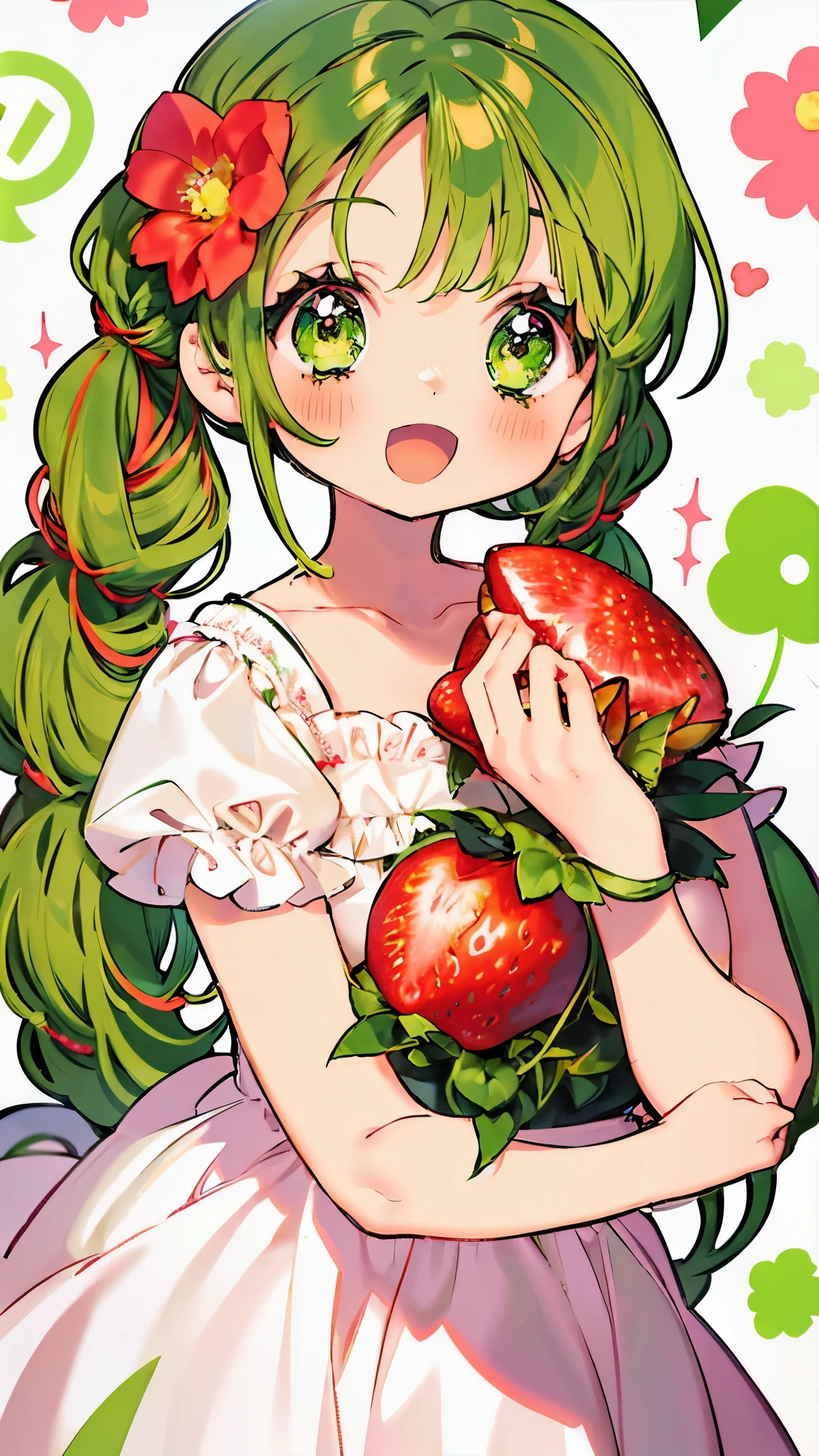 a girl anime girl with lots of green hair and strawberries around her, 1girl, green eyes, solo, green hair, braid, twin braids, flower, long hair, dress, hair ornament, smile, short sleeves, looking at viewer, food, hair flower, blush, strawberry hair ornament, frills, open mouth