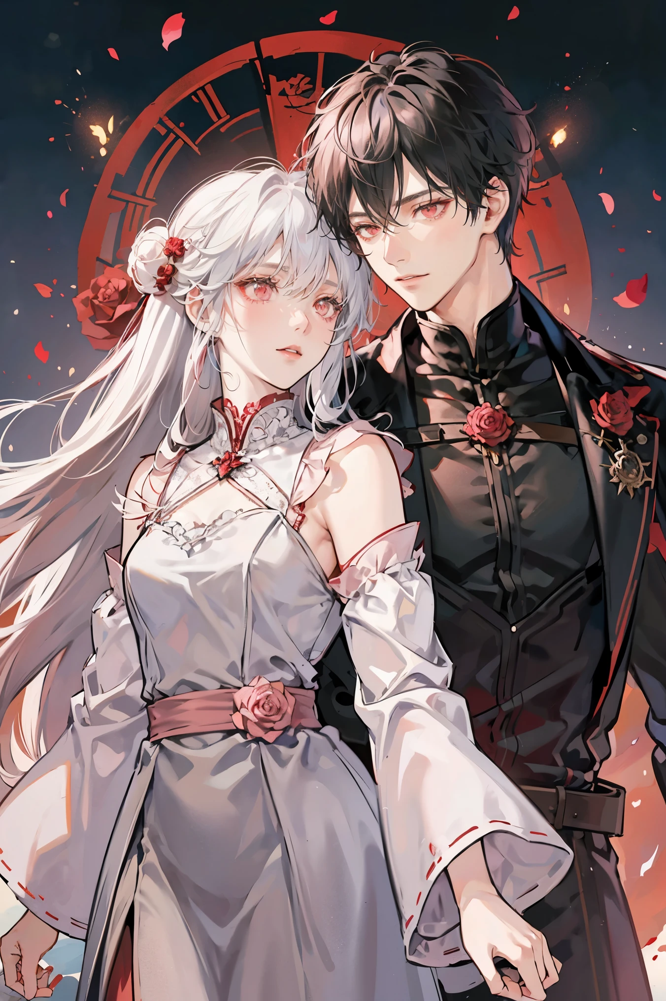 anime couple, adult, mature face, human, (1 male: black hair and red eyes), (1 female: white hair and rose pink eyes, small breasts), fantasy, medieval times