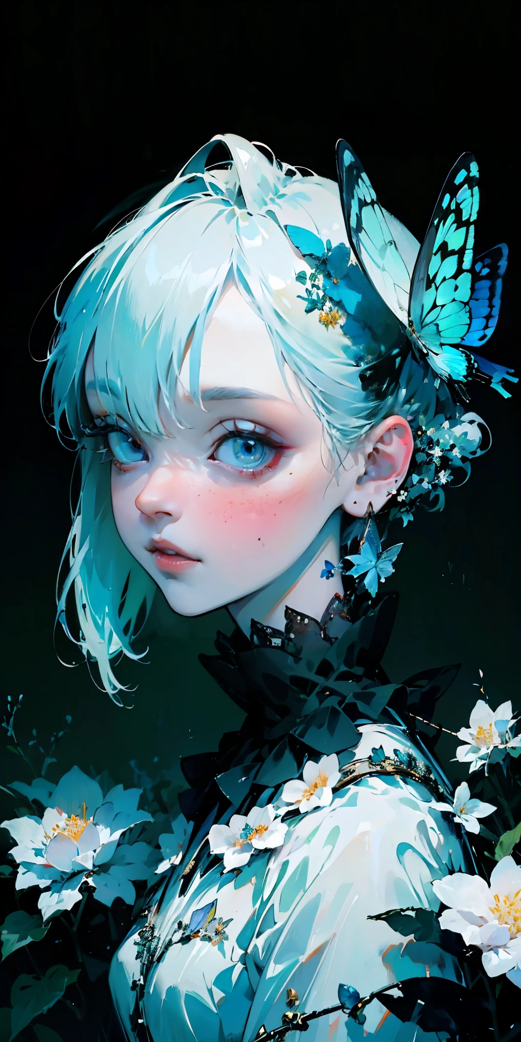 (best qualityer, work of art, ultra-realistic), portrait of 1 beautiful and delicate, with a soft and peaceful expression, the background setting is a garden with flowering bushes and butterflies flying.