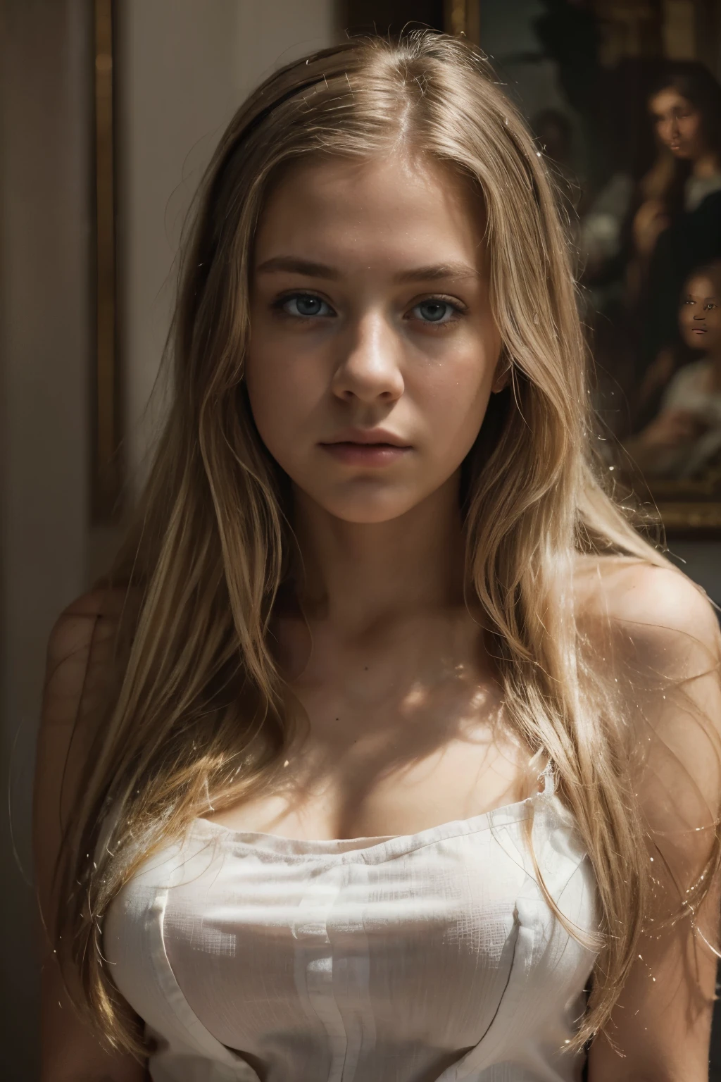 (best quality,8k,ultra-detailed,masterpiece:1.2),beautiful and aesthetic, hyperrealism, photography, portraits, ager, grey eyes, long blonde hair, sad expression, soft light, princess.