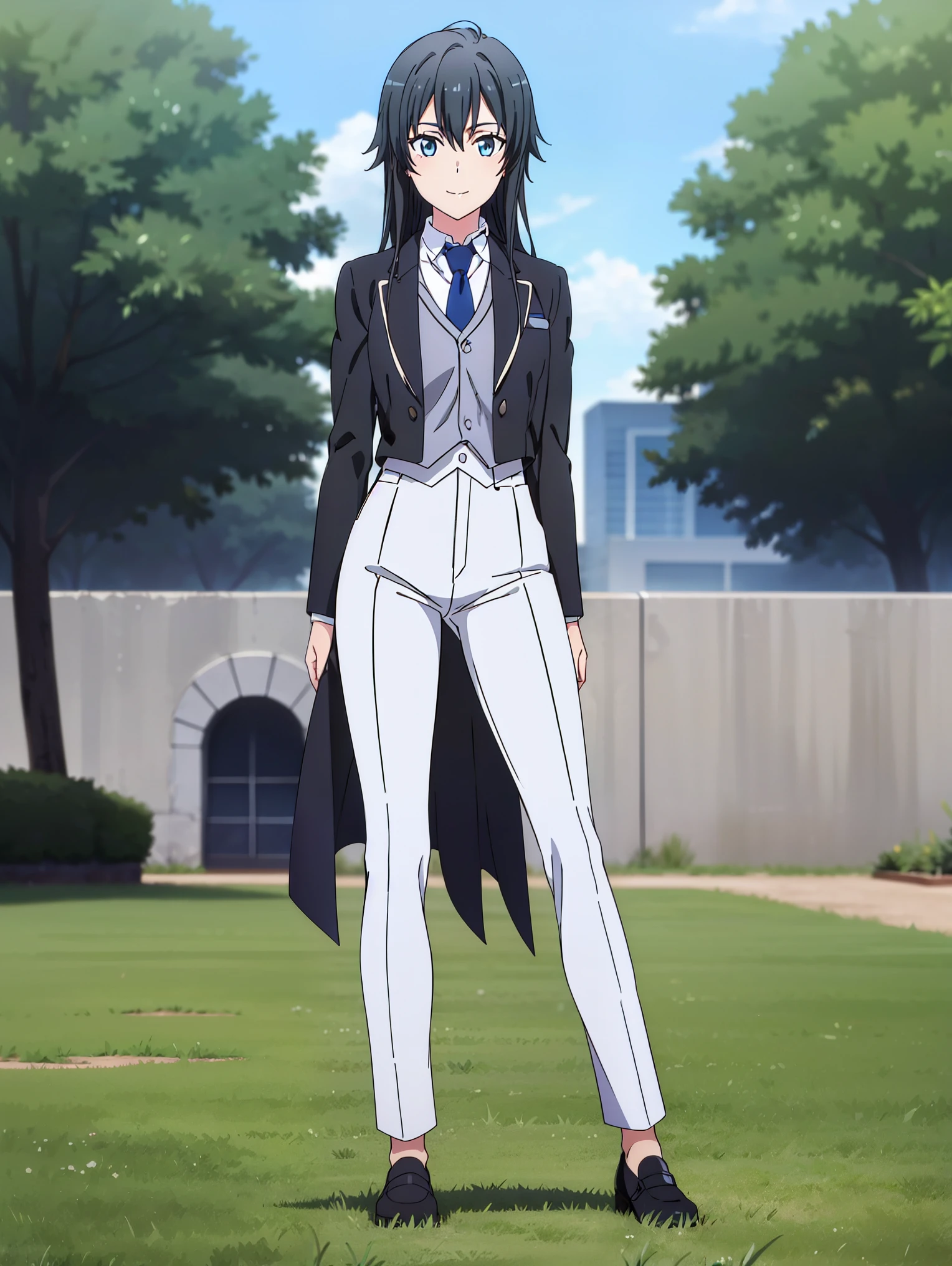 1girl, 独奏, Yukinoshita Yukino, Wearing a tuxedo suit, Female Butler, collared shirt, Tailcoat tuxedo suit, blue necktie, Smileing, Full body, mediuml breasts, White Jeans, Looking at the view, Garden blurry background