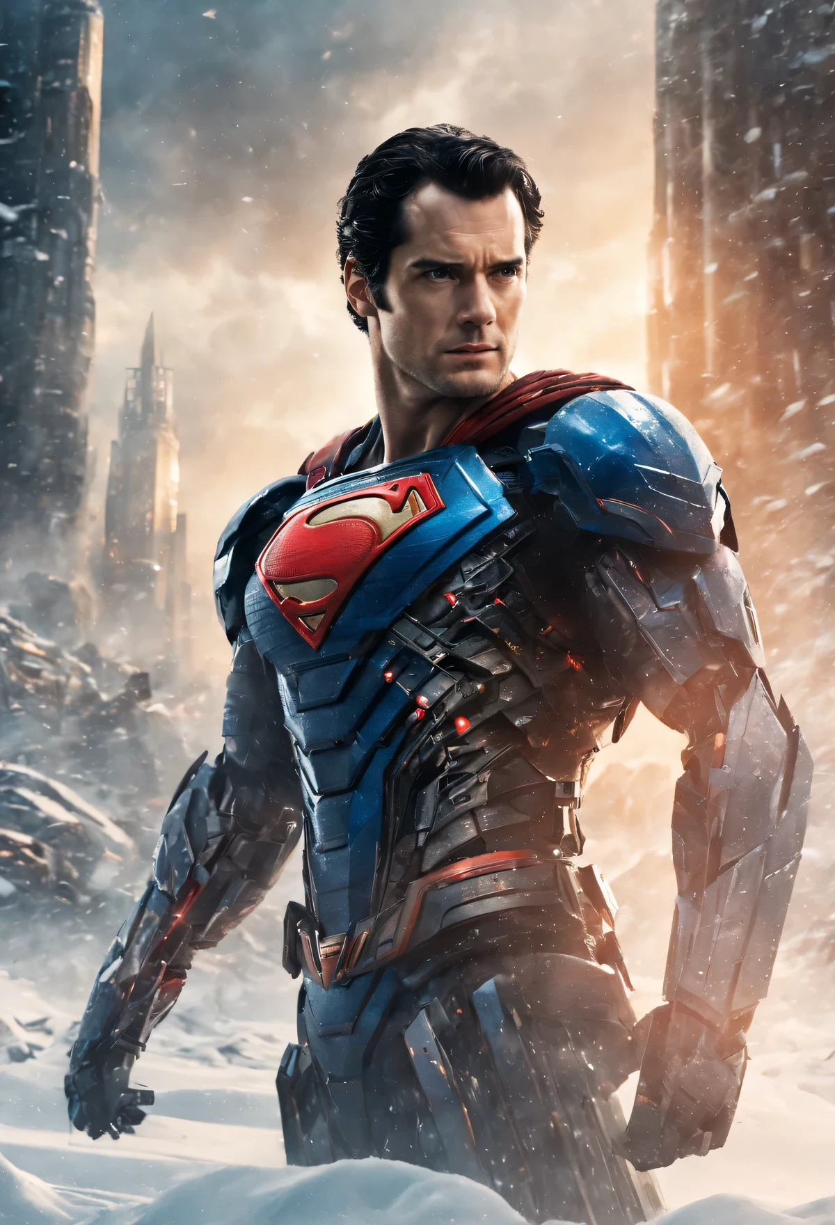 a close up of a superman standing in front of a snow, transformers cinematic universe, wojtek fus, hq 4k wallpaper, transformers : the last knight, in the movie transformers, thertrevkaiser, Henry Cavill as superman, artstation masterpiece, super robot, superman fused with optimus prime, japanese dc live-action movie, hd wallpaper, inspired by Zack Snyder, Henry Cavil so handsome