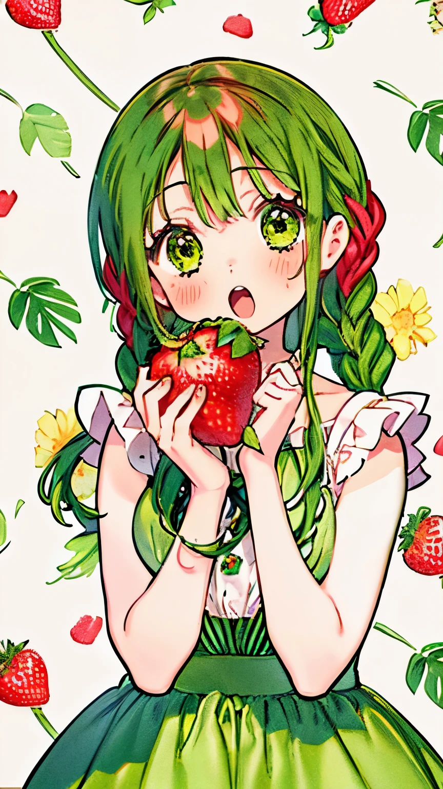 a girl anime girl with lots of green hair and strawberries around her, 1girl, green eyes, solo, green hair, braid, twin braids, flower, long hair, dress, hair ornament, smile, short sleeves, looking at viewer, food, hair flower, blush, strawberry hair ornament, frills, open mouth