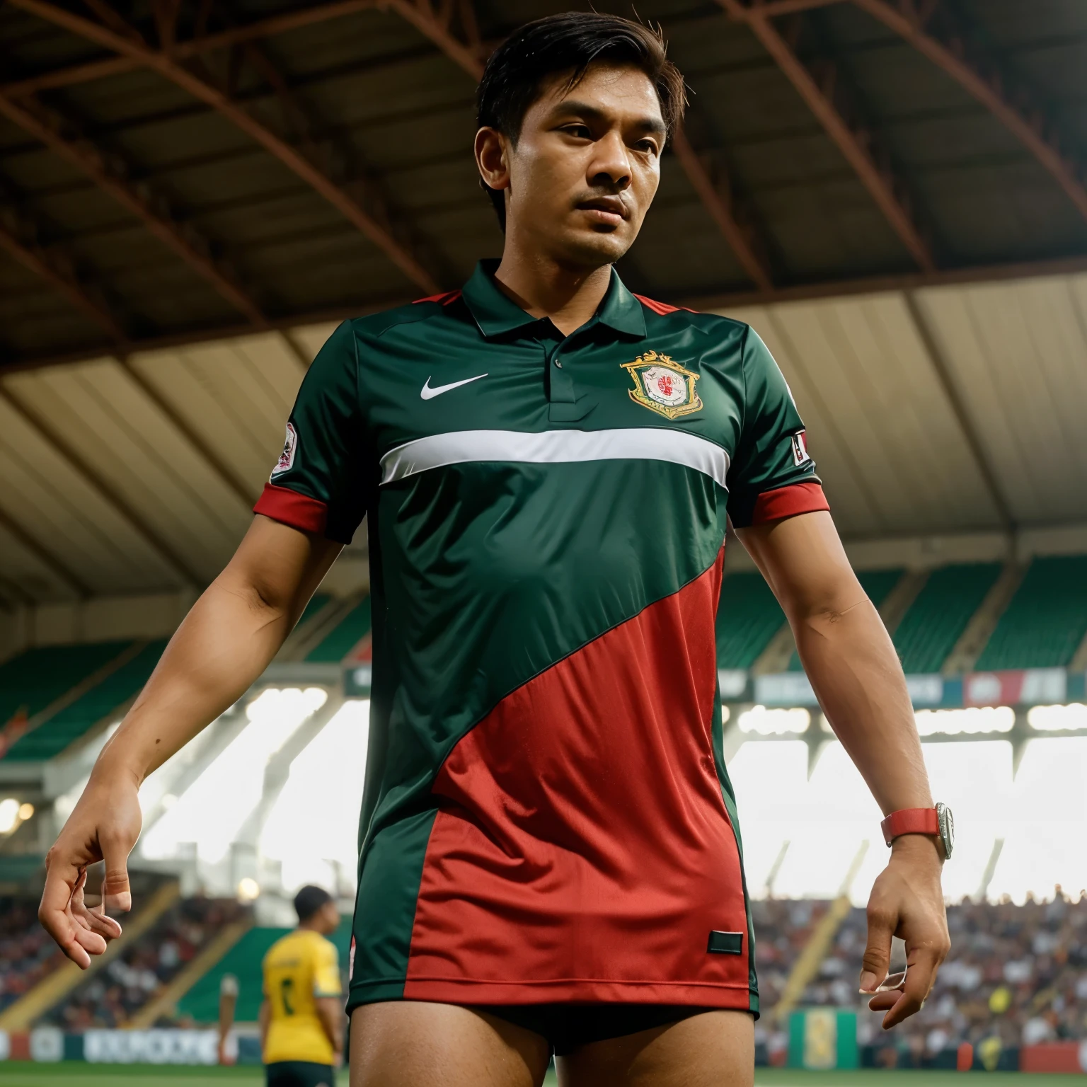 Seorang laki laki indonesia pemain sepakbola memakai baju timnas indonesia berwarna merah dengan nomor 87,terlihat sedang menendang bola yg mengeluarkan  api,terlihat juga ada se ekor burung garuda besar bersayap api menyala,,di belakang nya,,dia stadion sepak bola yang penuh dengan penonton,