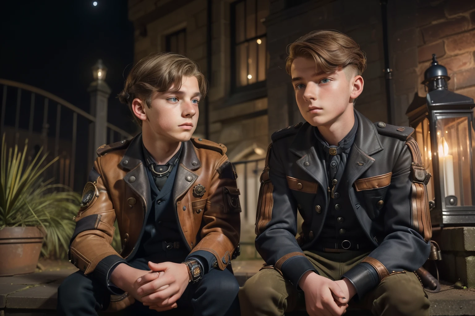 Steampunk London, 2031. ((((16-year-old)) Jess Brightwell)), scottish boy, sitting on the back garden steps, with his twin brother, nighttime, looking at each other, ((intimidated and nervous expression)). ((((casual clothings from the 2030s)))) ((hairstyle of the 2030s))