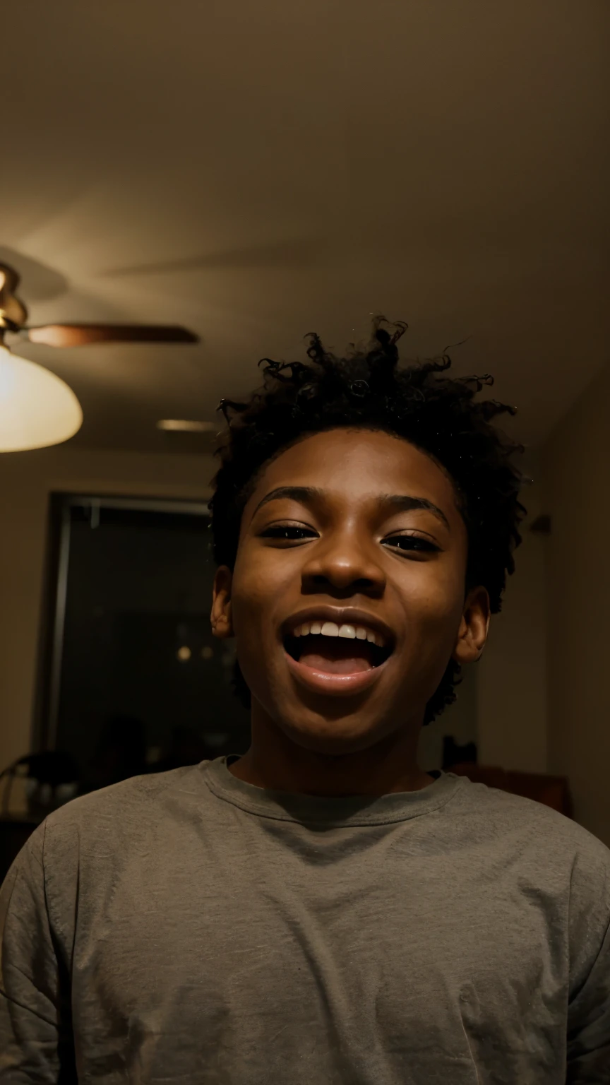 Black kid yawning in the living room at night